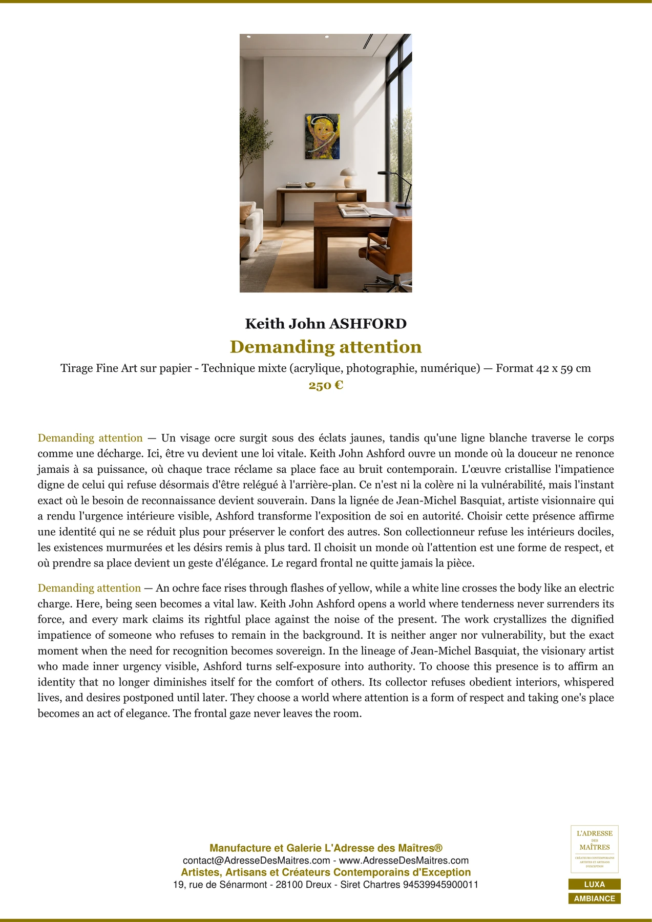 Fiche Premium Ambiance - Demanding attention - Keith John ASHFORD - L'Adresse des Maîtres®