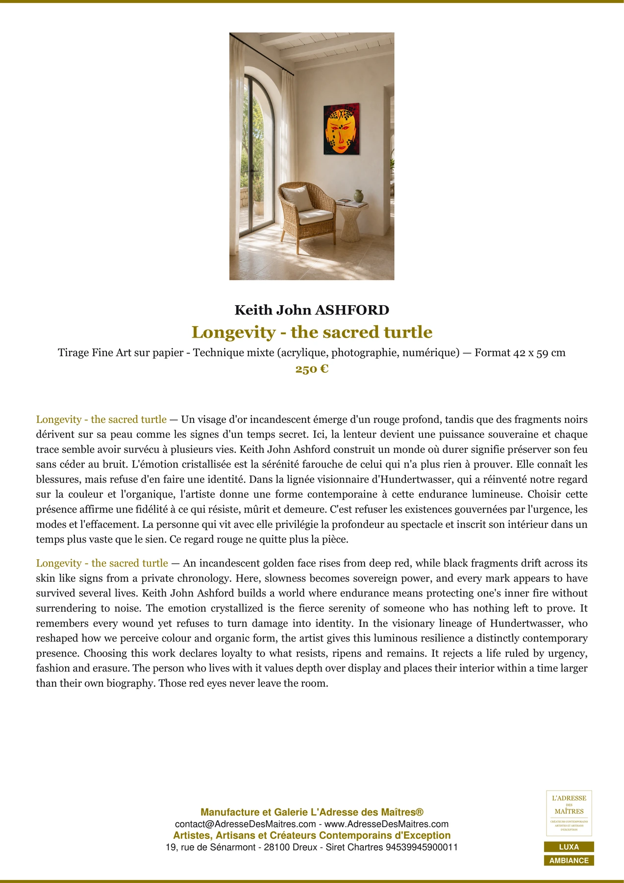 Fiche Premium Ambiance - Longevity - the sacred turtle - Keith John ASHFORD - L'Adresse des Maîtres®