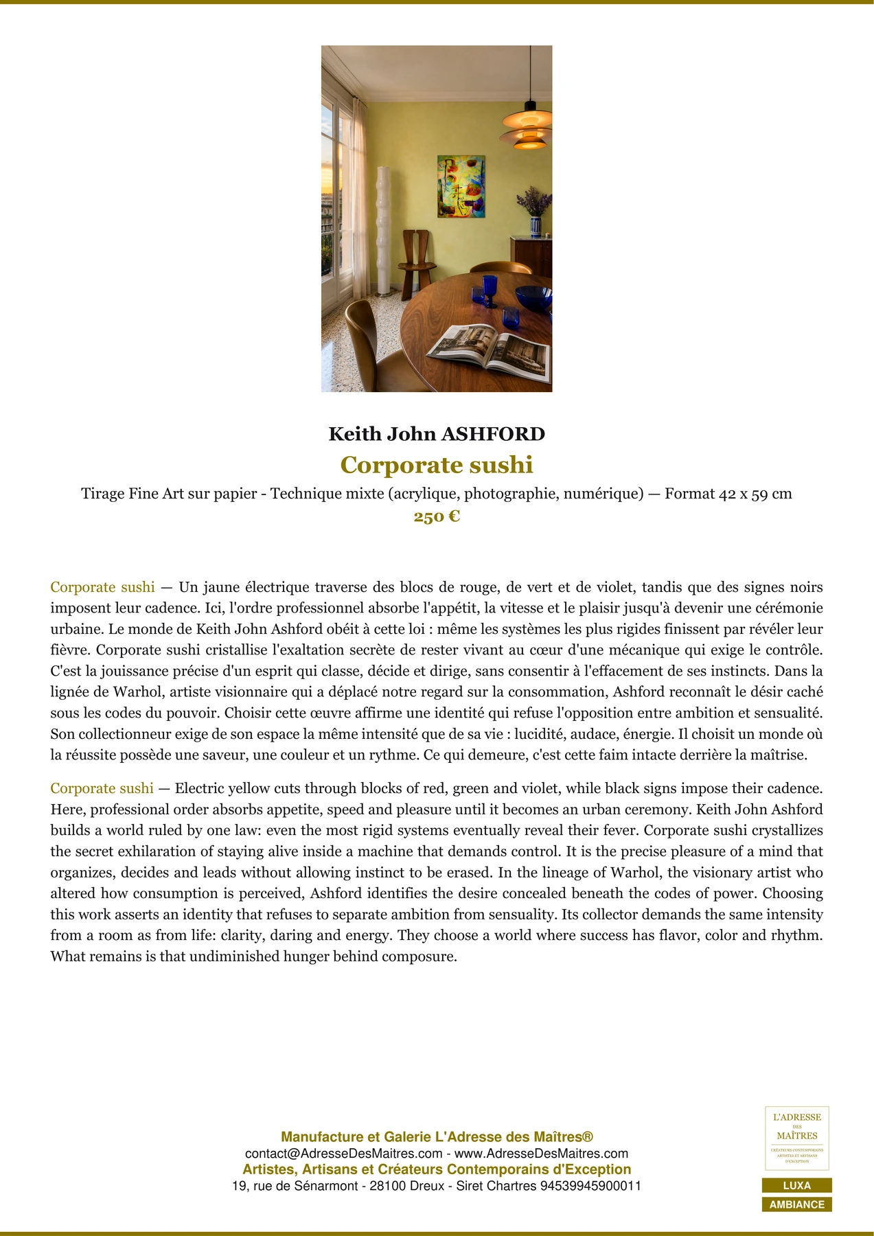 Fiche Premium Ambiance - Corporate sushi - Keith John ASHFORD - L'Adresse des Maîtres®