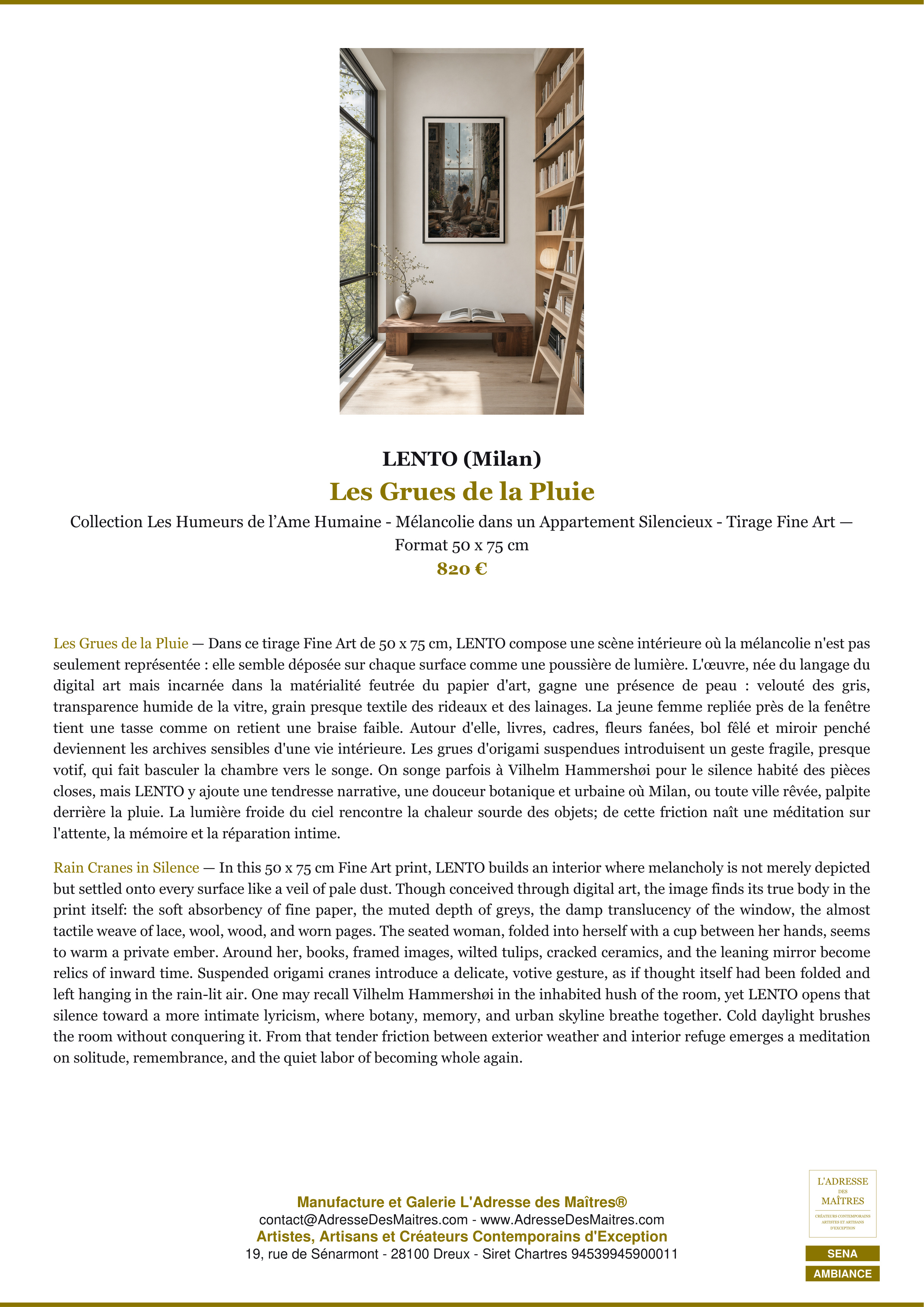 Fiche Premium Ambiance — Les Grues de la Pluie — LENTO (Milan) — L'Adresse des Maîtres®