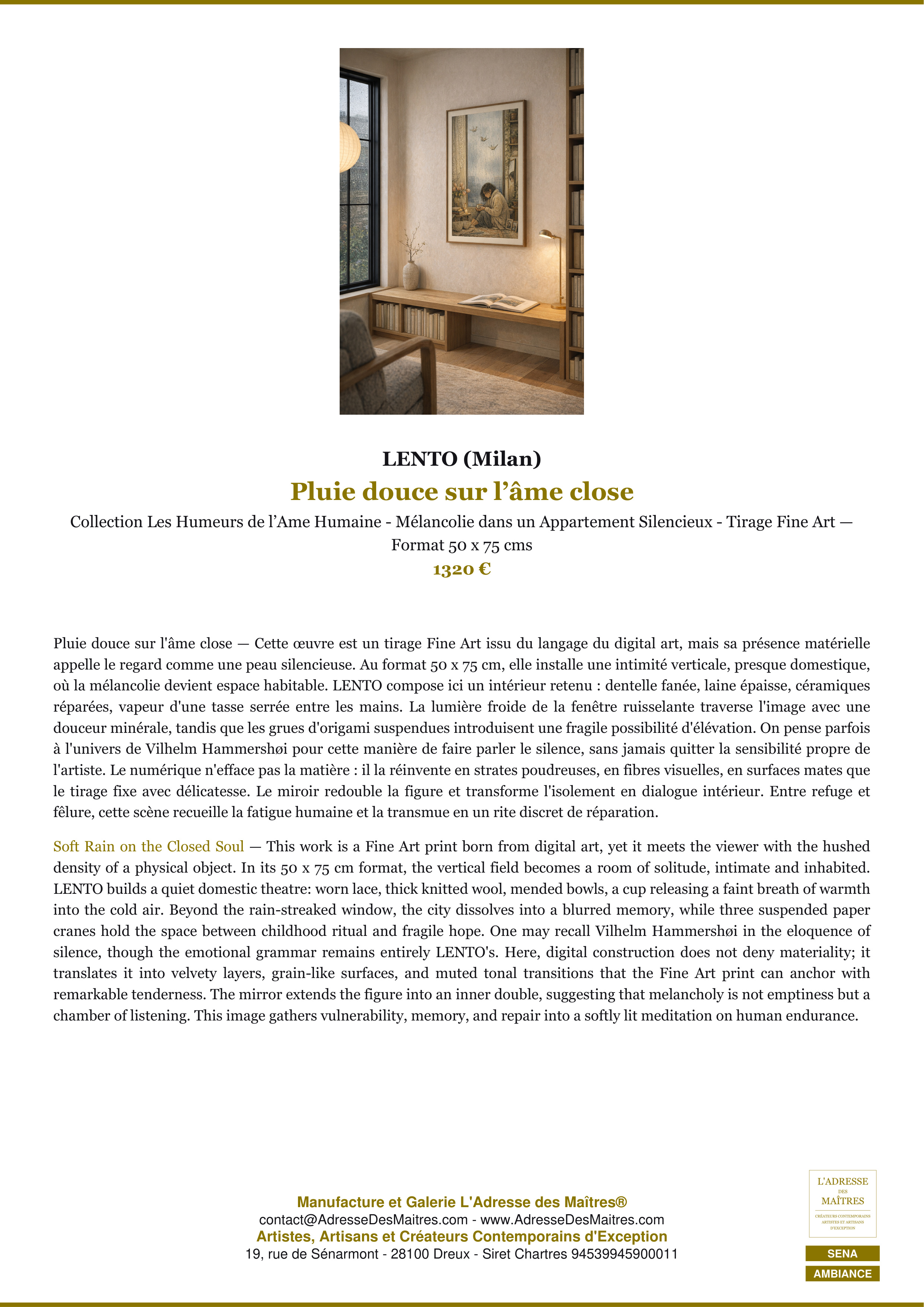 Fiche Premium Ambiance — Pluie douce sur l’âme close — LENTO (Milan) — L'Adresse des Maîtres®