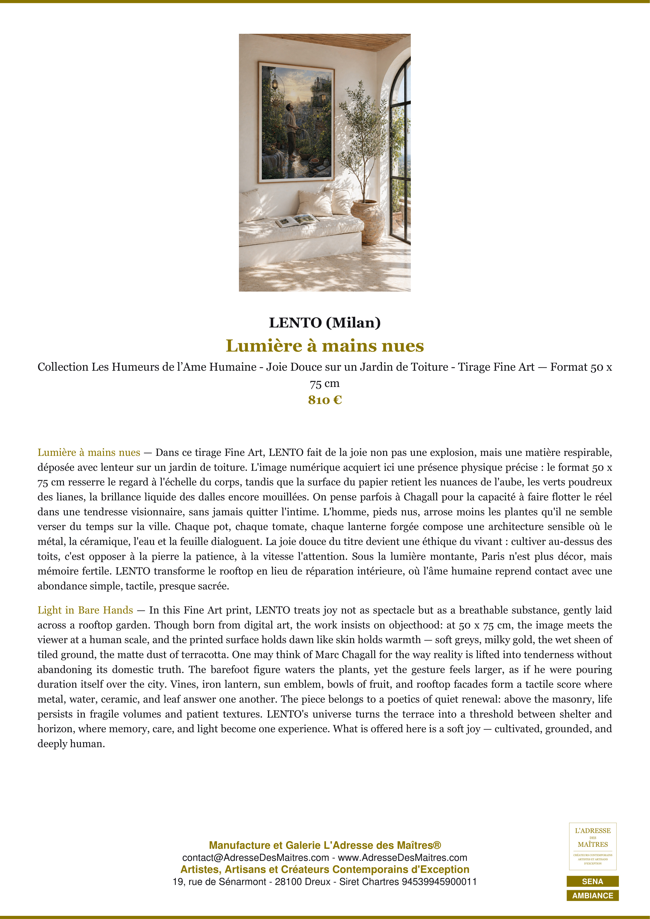 Fiche Premium Ambiance — Lumière à mains nues — LENTO (Milan) — L'Adresse des Maîtres®