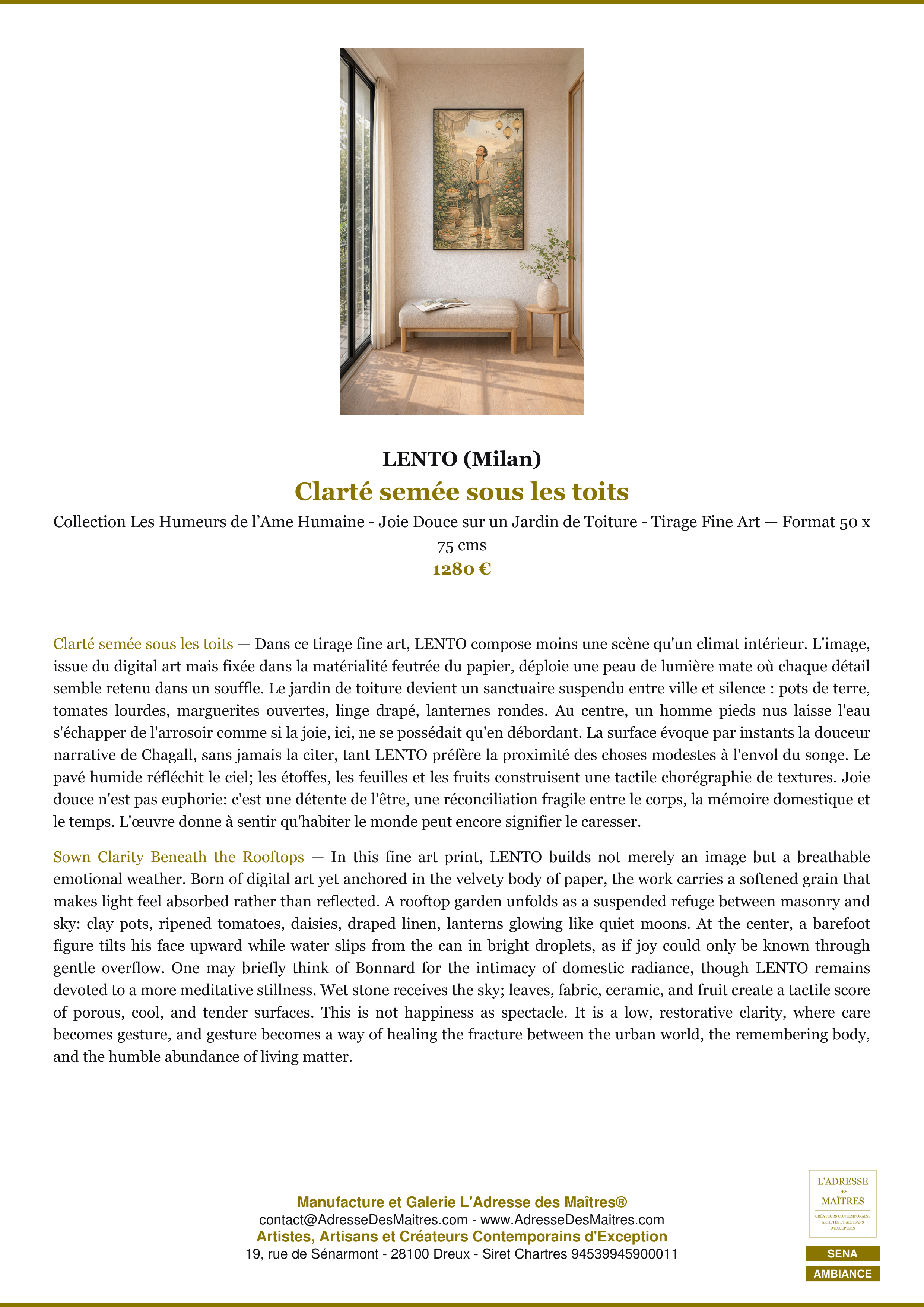 Fiche Premium Ambiance — Clarté semée sous les toits — LENTO (Milan) — L'Adresse des Maîtres®