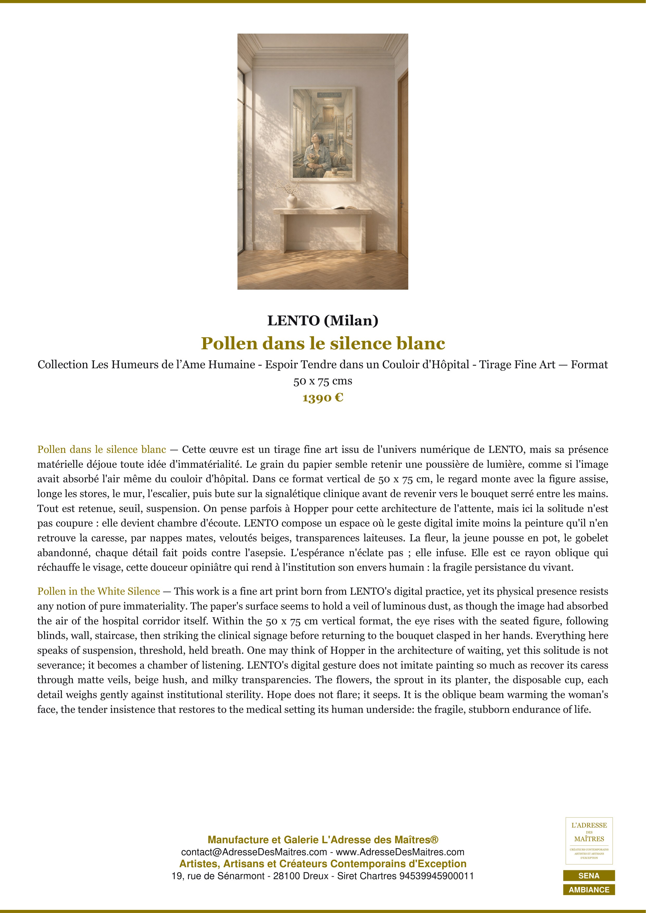 Fiche Premium Ambiance — Pollen dans le silence blanc — LENTO (Milan) — L'Adresse des Maîtres®