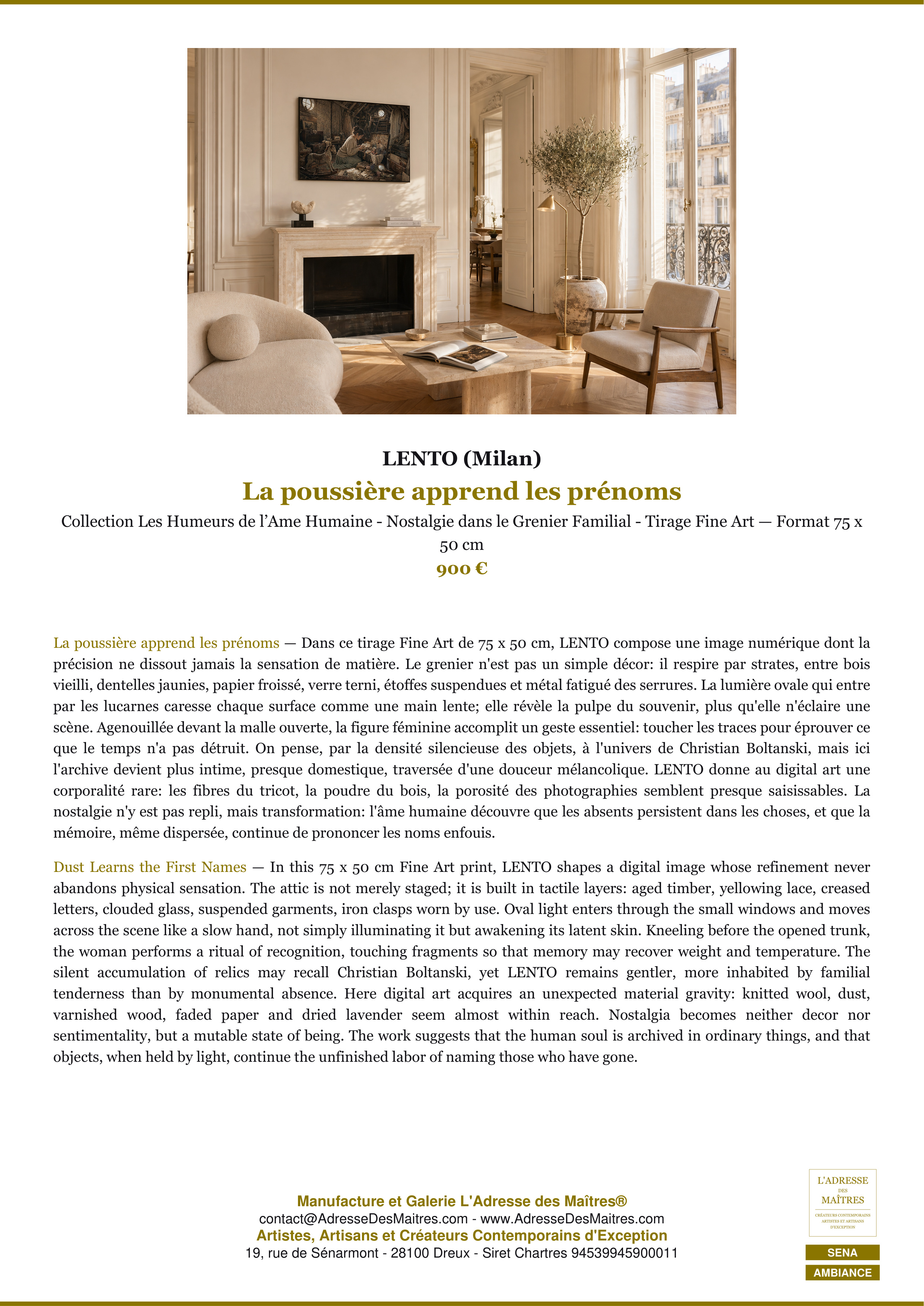 Fiche Premium Ambiance — La poussière apprend les prénoms — LENTO (Milan) — L'Adresse des Maîtres®