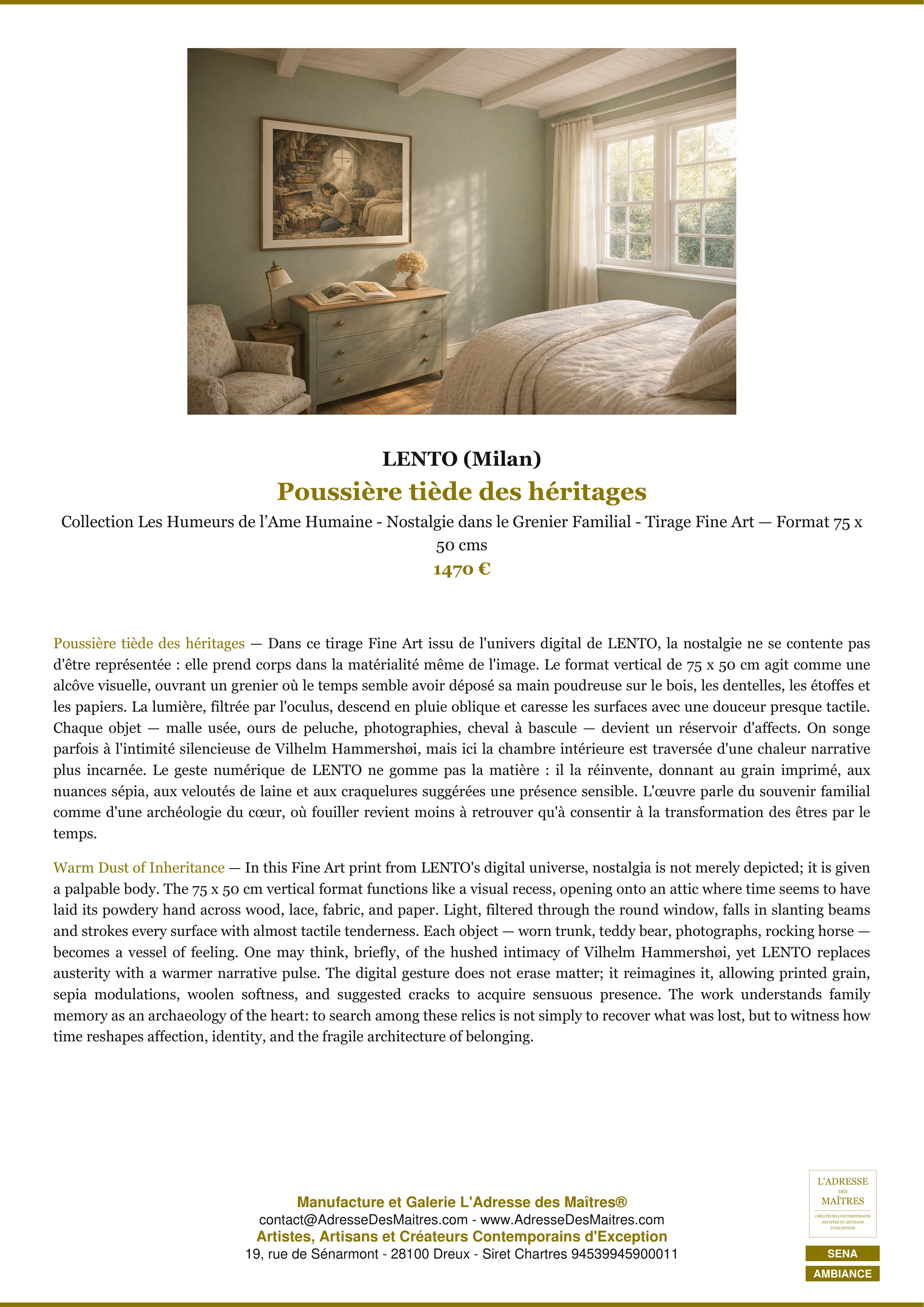 Fiche Premium Ambiance — Poussière tiède des héritages — LENTO (Milan) — L'Adresse des Maîtres®
