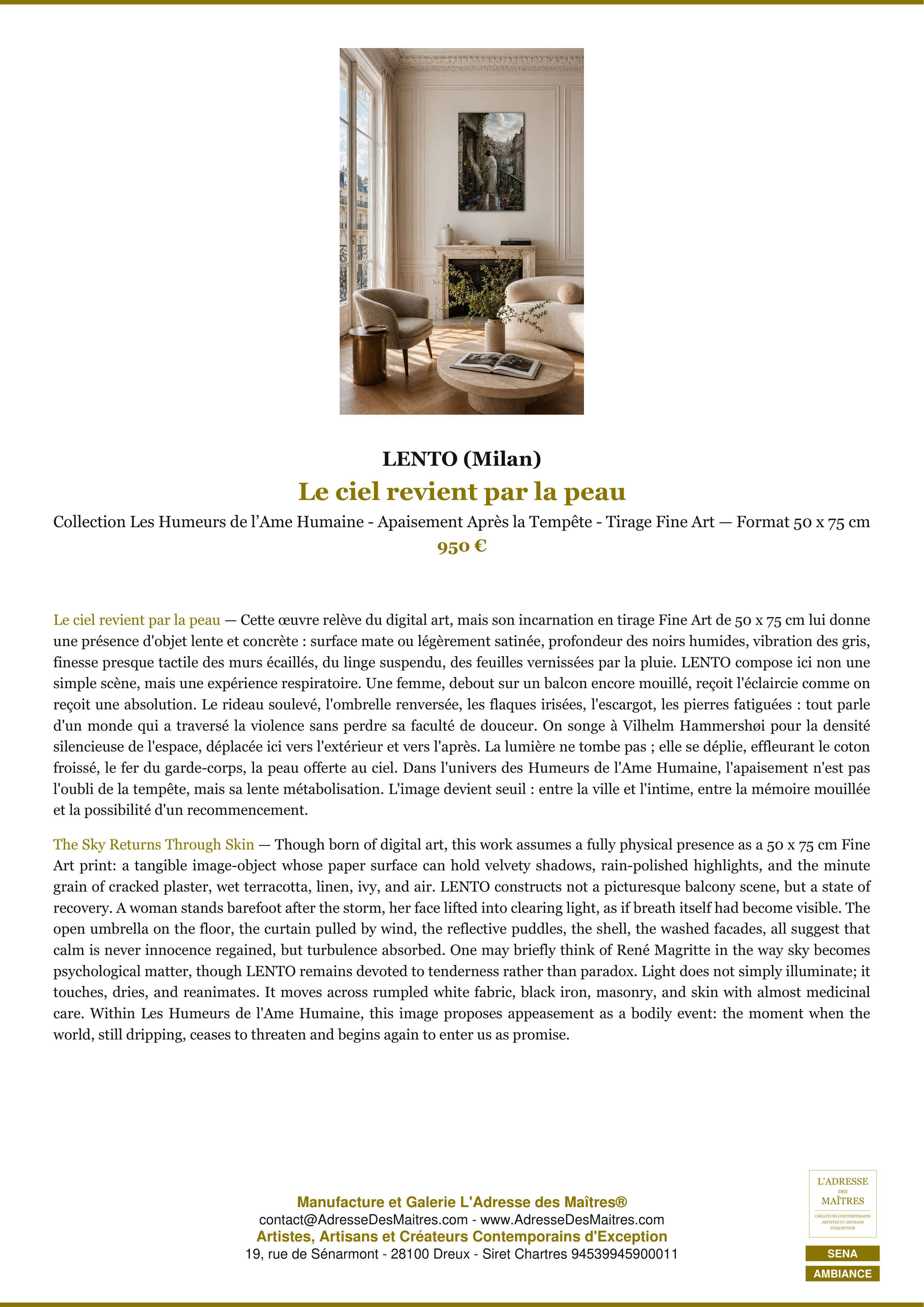 Fiche Premium Ambiance — Le ciel revient par la peau — LENTO (Milan) — L'Adresse des Maîtres®