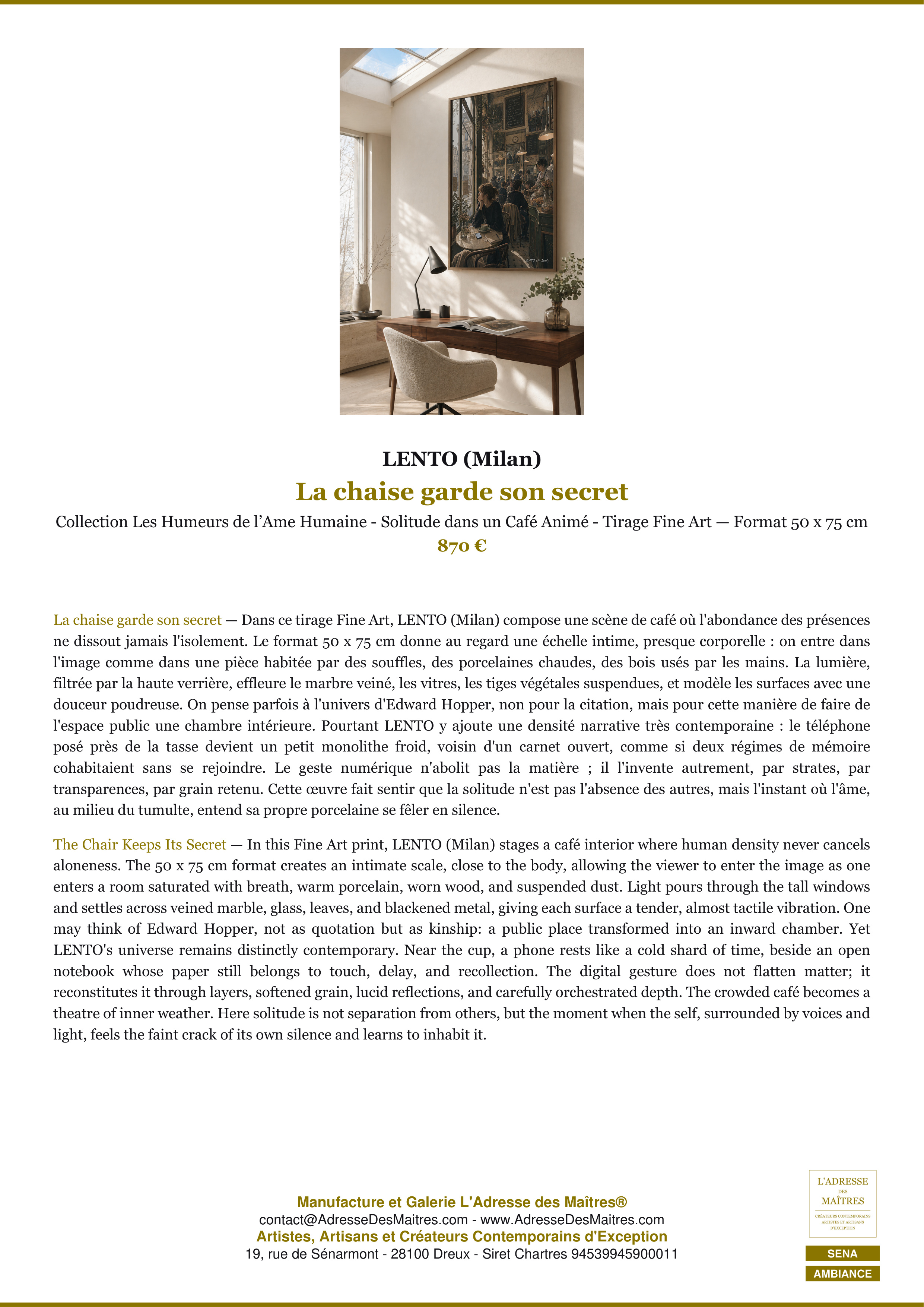 Fiche Premium Ambiance — La chaise garde son secret — LENTO (Milan) — L'Adresse des Maîtres®