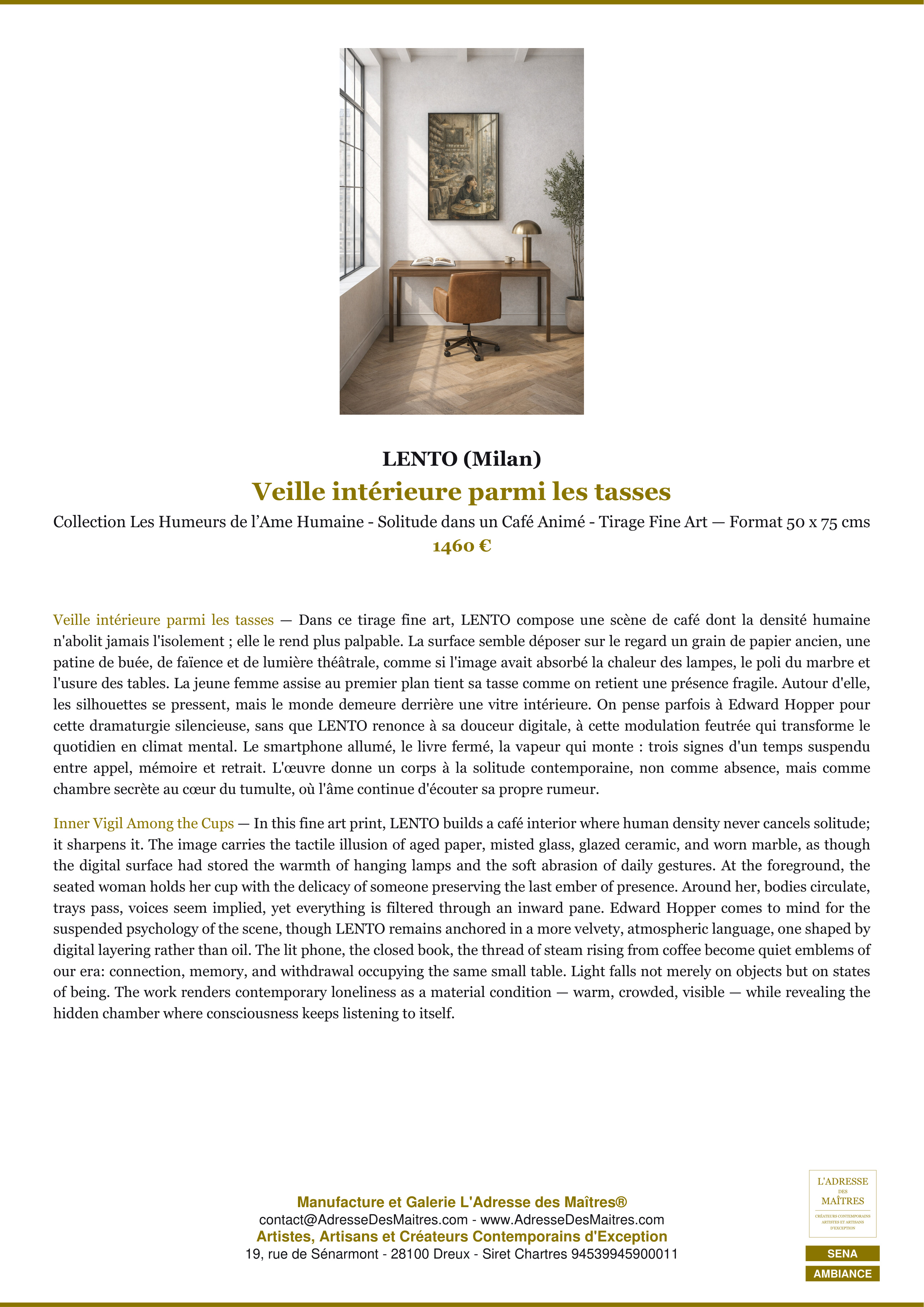 Fiche Premium Ambiance — Veille intérieure parmi les tasses — LENTO (Milan) — L'Adresse des Maîtres®