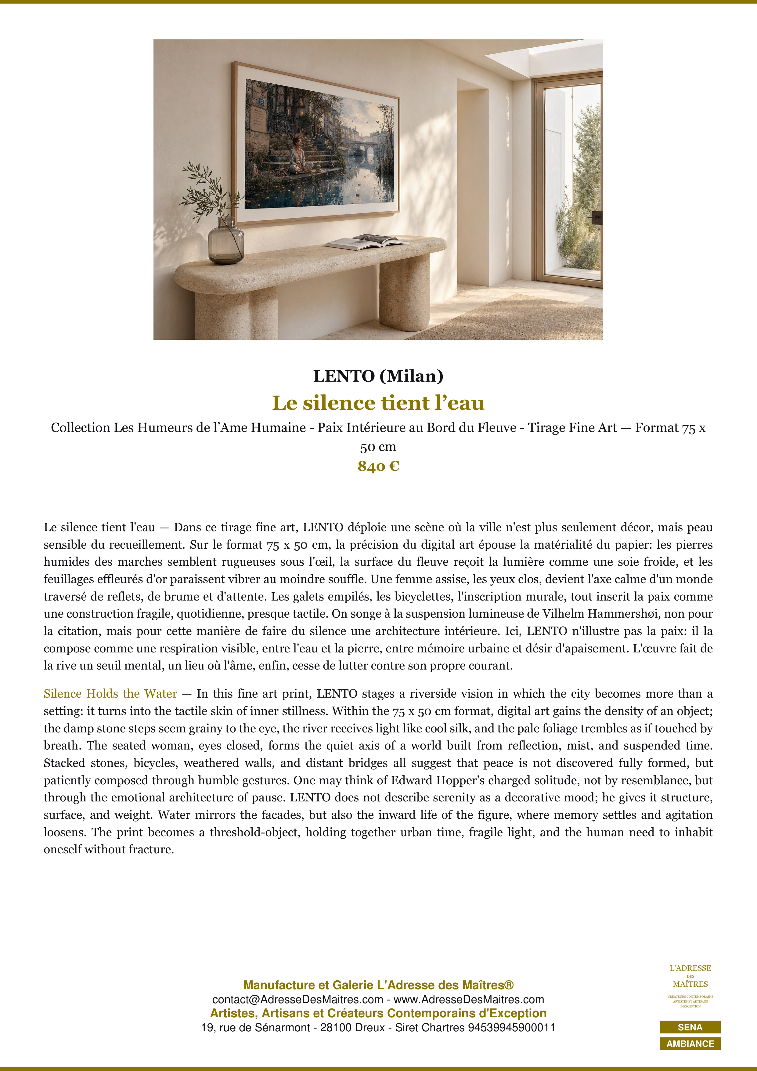 Fiche Premium Ambiance — Le silence tient l’eau — LENTO (Milan) — L'Adresse des Maîtres®