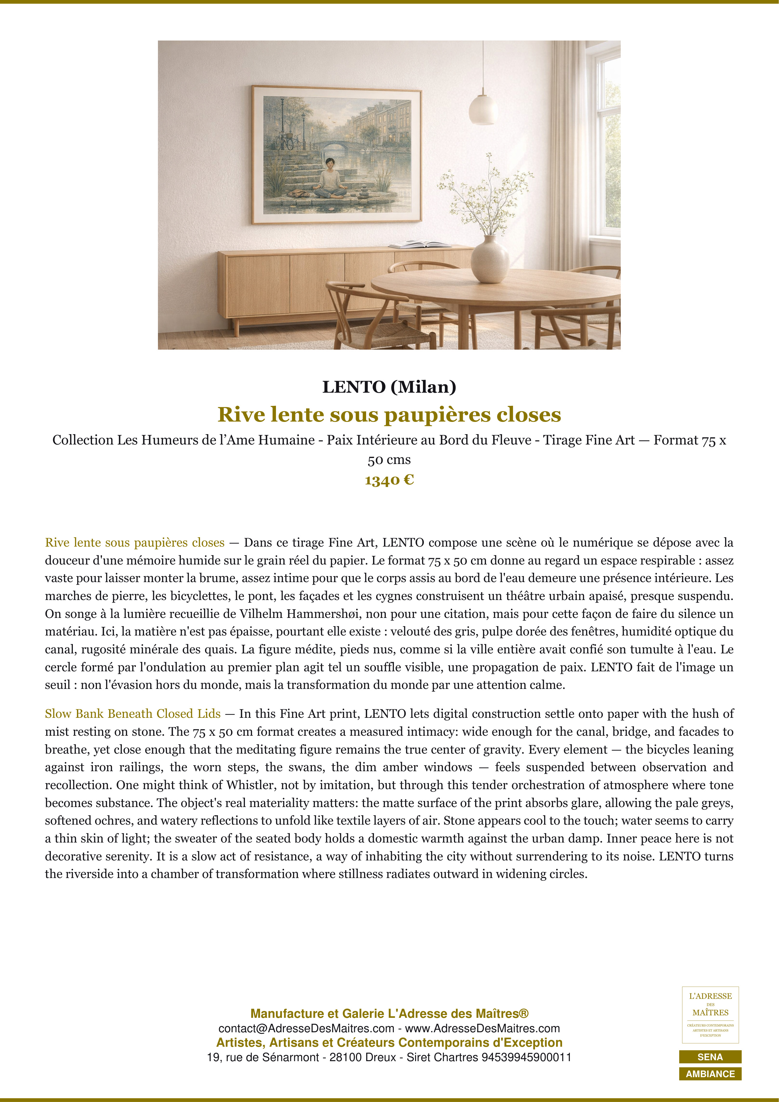 Fiche Premium Ambiance — Rive lente sous paupières closes — LENTO (Milan) — L'Adresse des Maîtres®