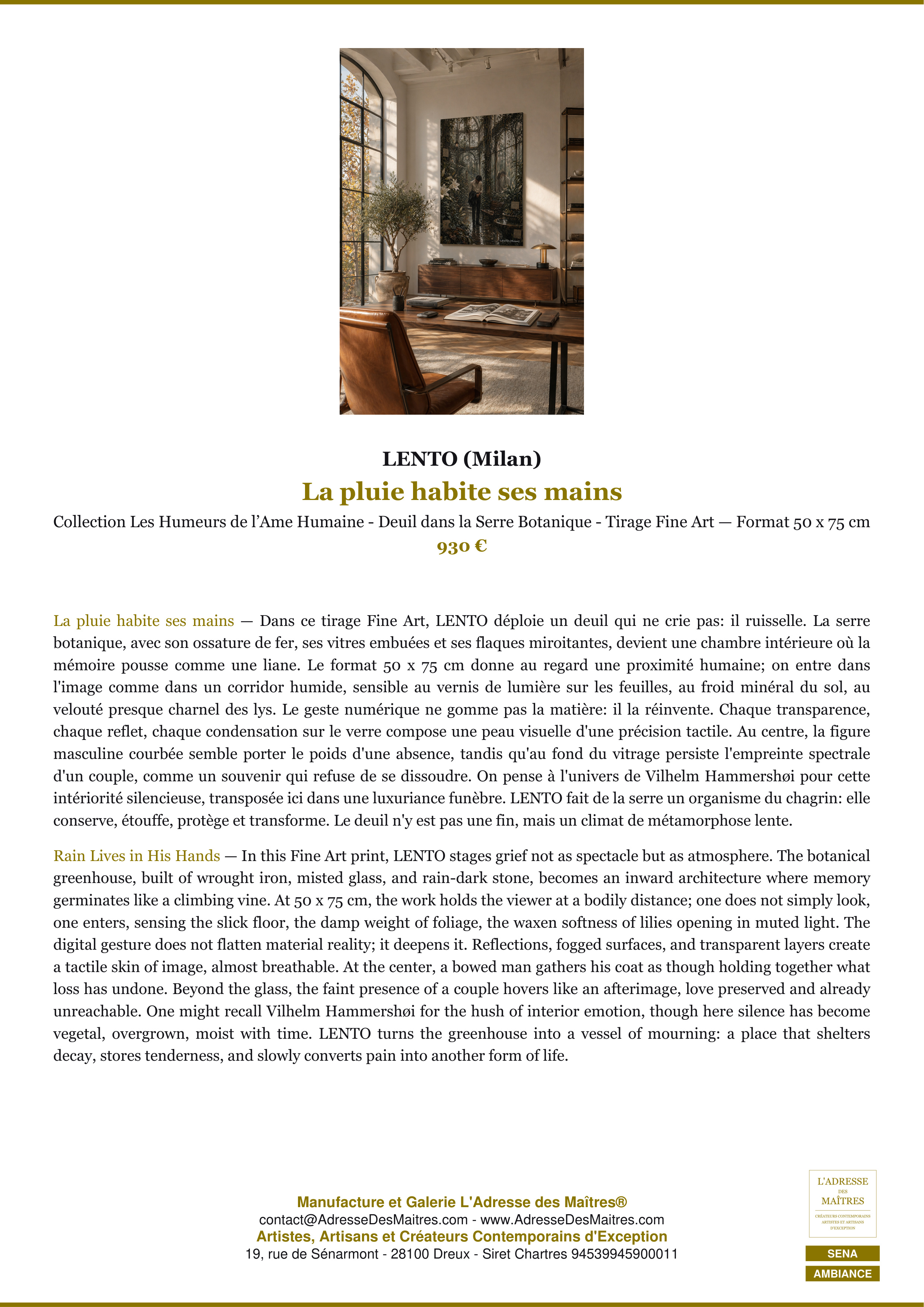 Fiche Premium Ambiance — La pluie habite ses mains — LENTO (Milan) — L'Adresse des Maîtres®
