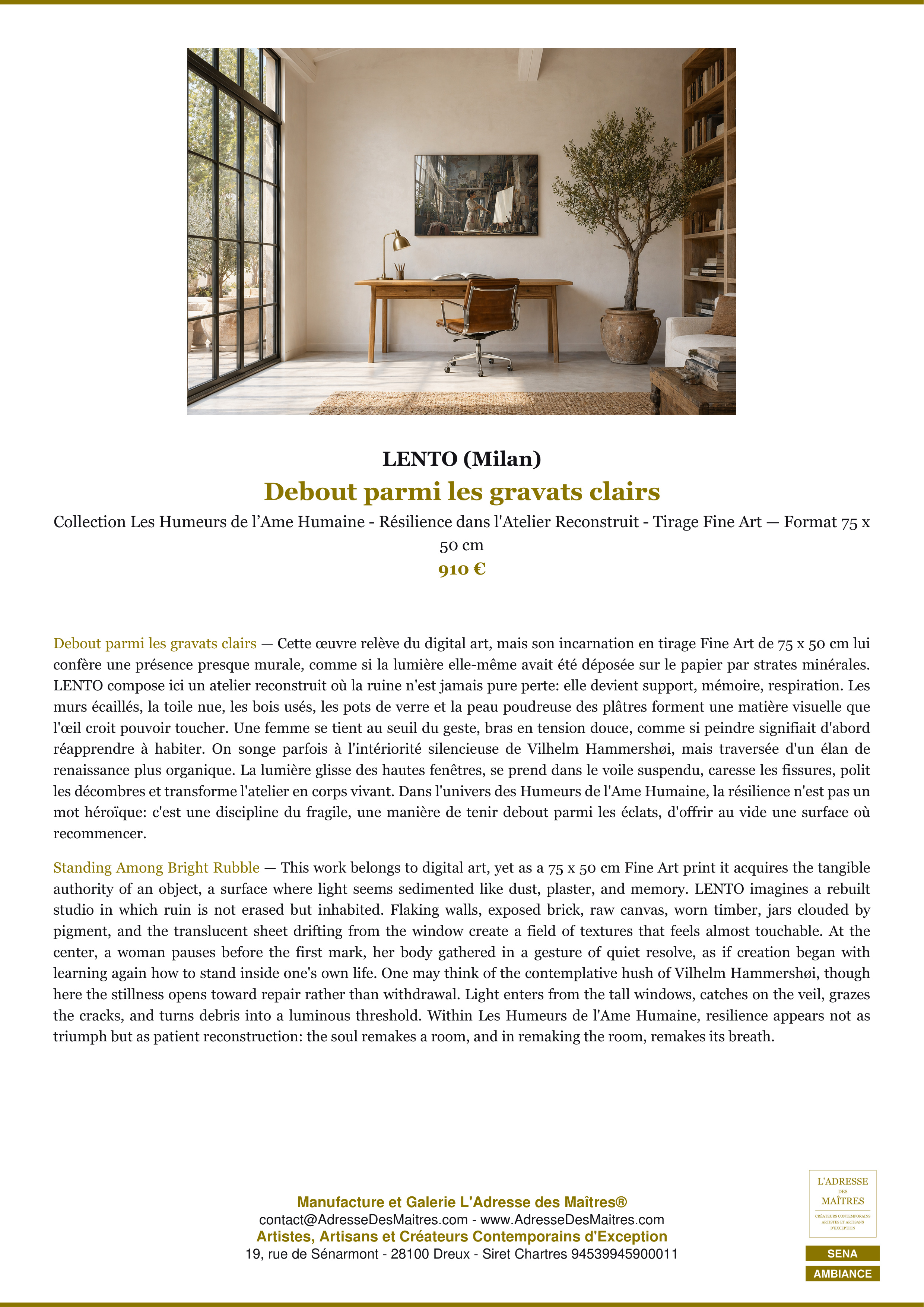 Fiche Premium Ambiance — Debout parmi les gravats clairs — LENTO (Milan) — L'Adresse des Maîtres®