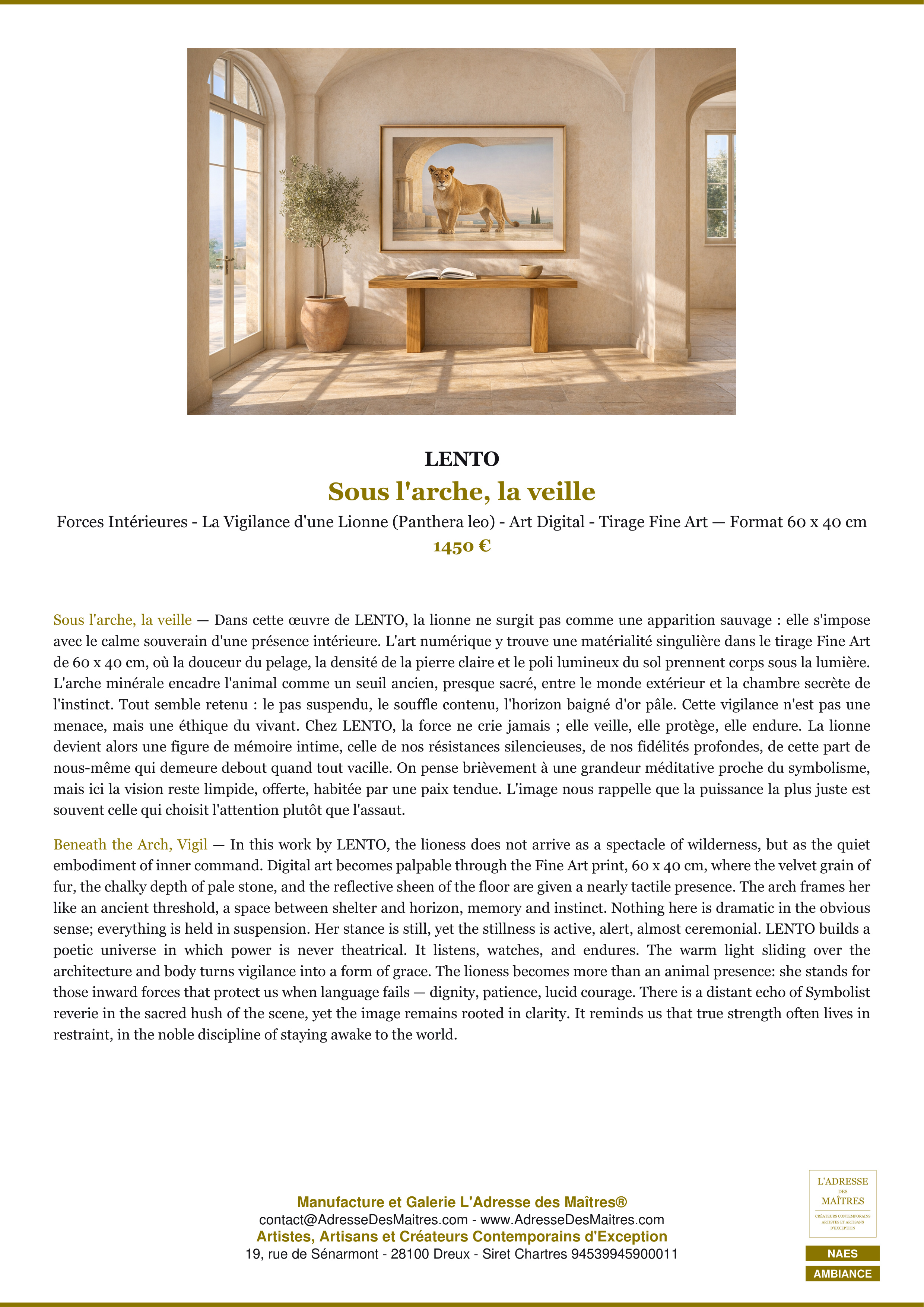 Fiche Premium Ambiance — Sous l'arche, la veille — LENTO — L'Adresse des Maîtres®