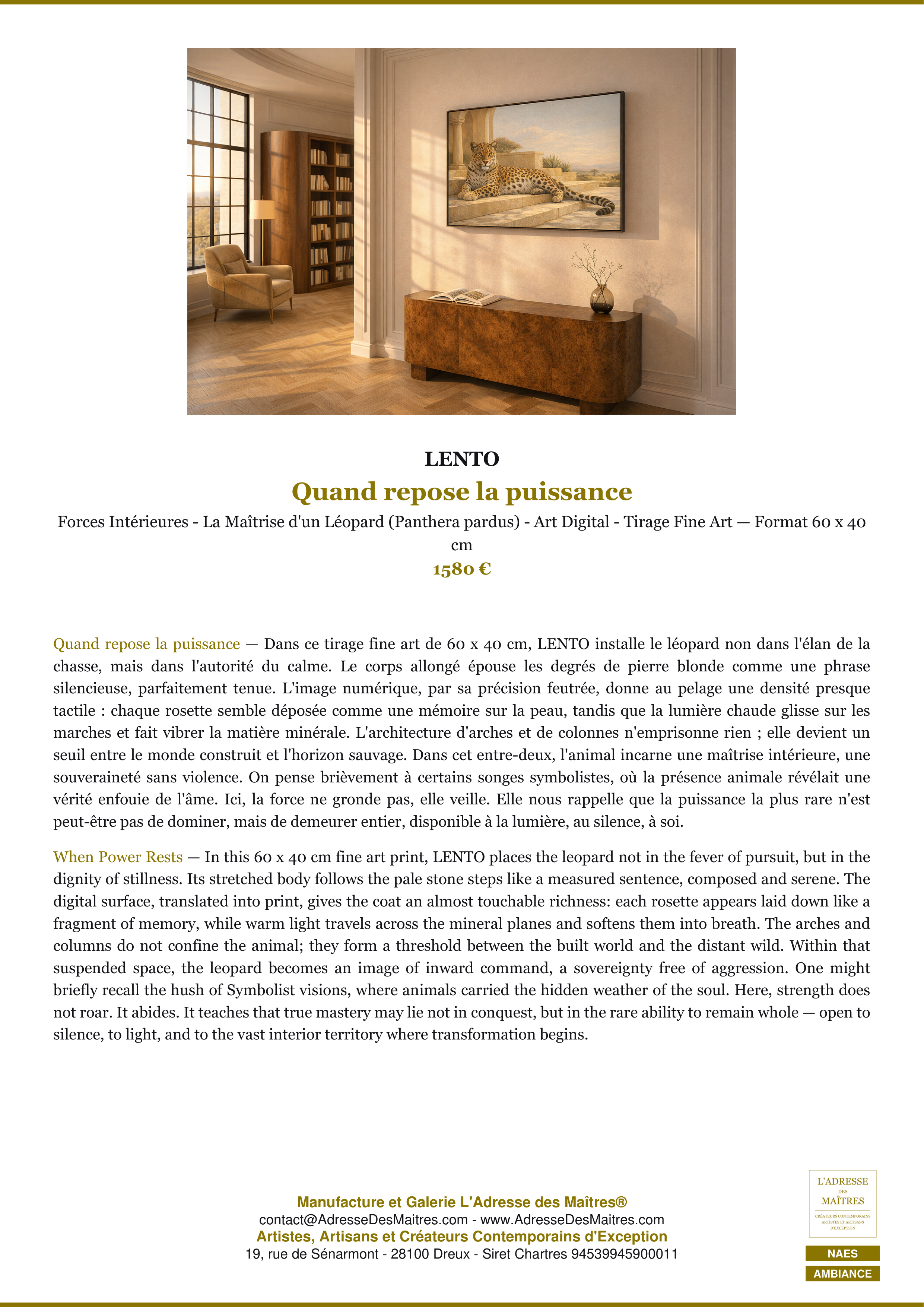 Fiche Premium Ambiance — Quand repose la puissance — LENTO — L'Adresse des Maîtres®