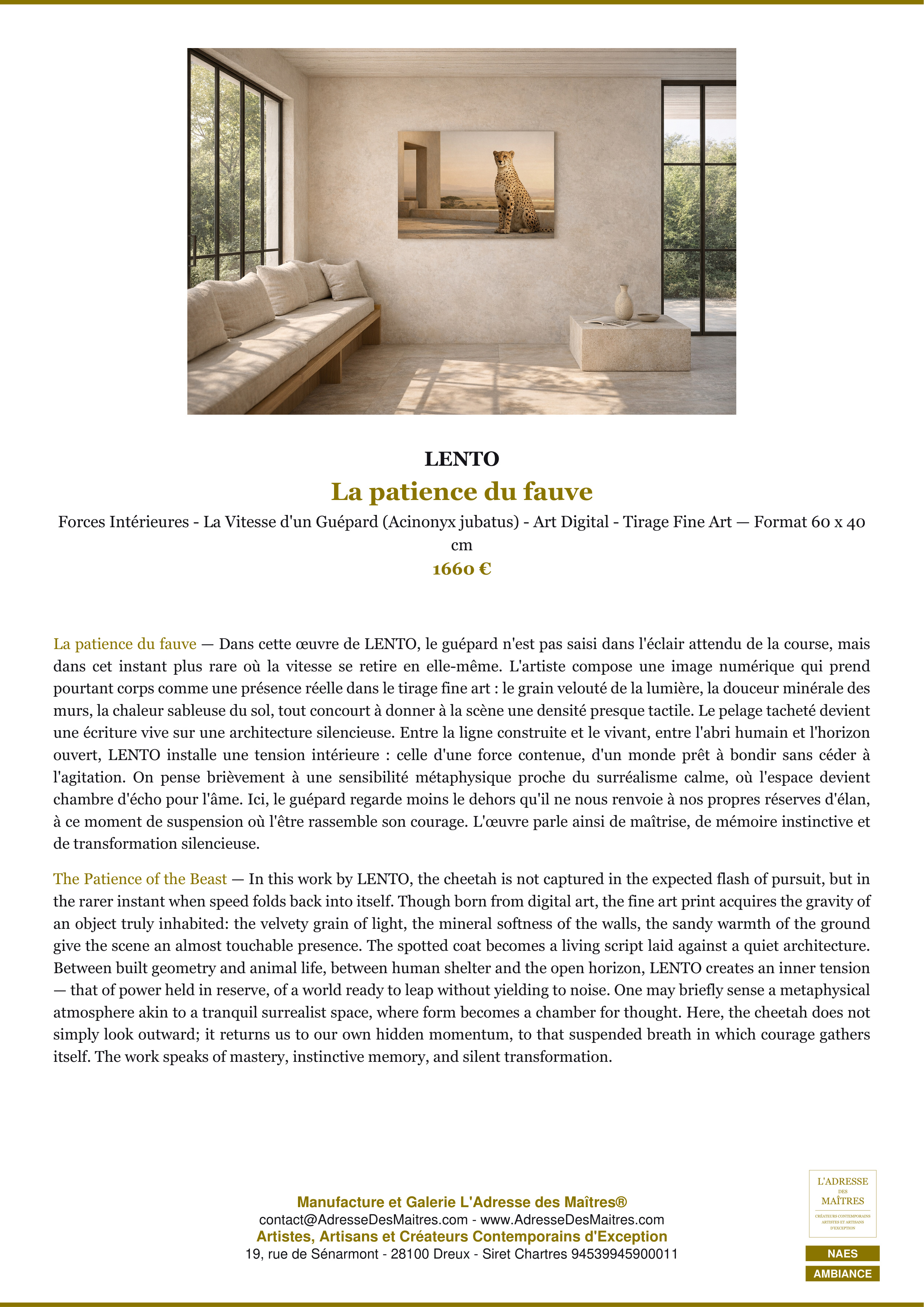 Fiche Premium Ambiance — La patience du fauve — LENTO — L'Adresse des Maîtres®