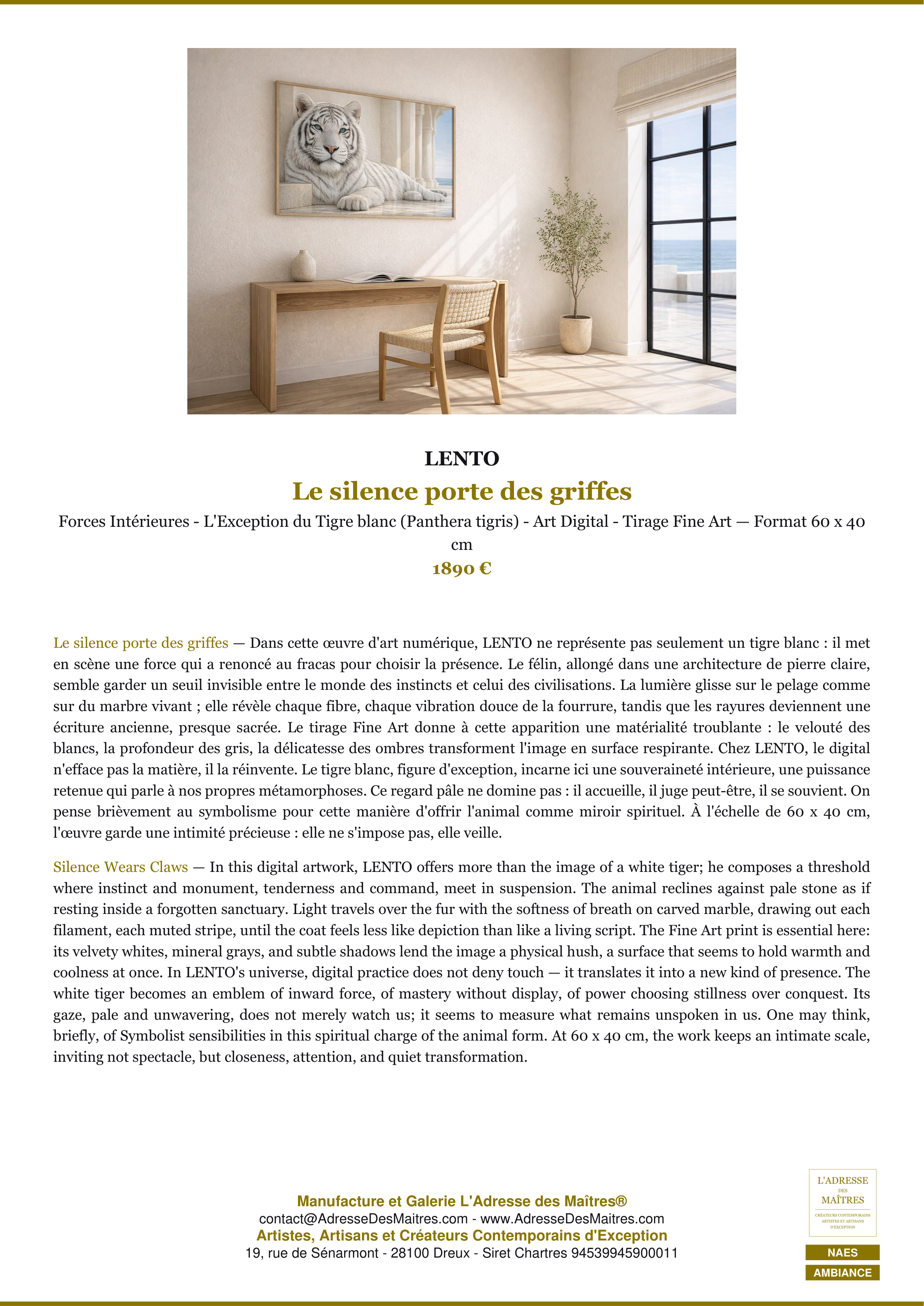 Fiche Premium Ambiance — Le silence porte des griffes — LENTO — L'Adresse des Maîtres®