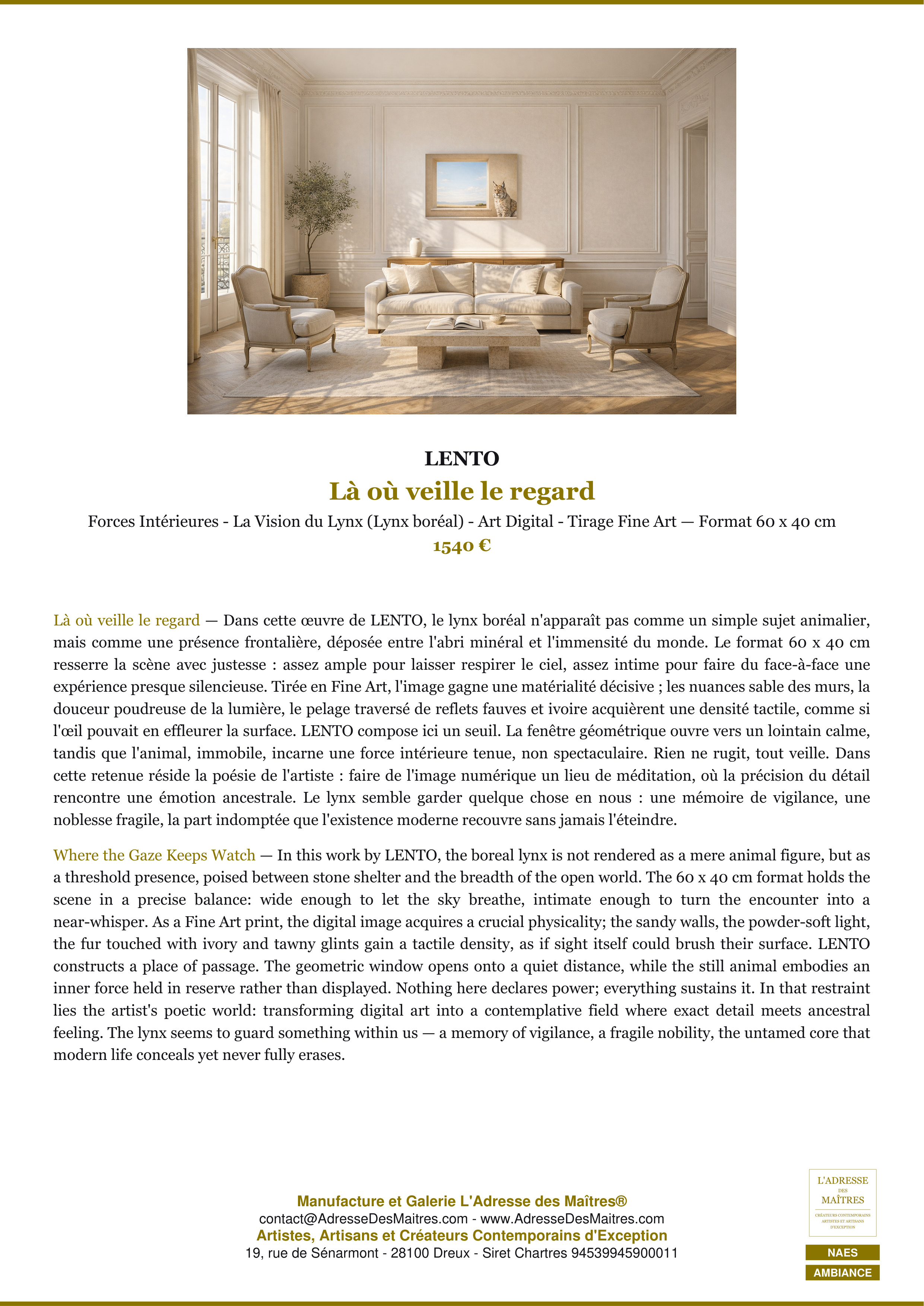 Fiche Premium Ambiance — Là où veille le regard — LENTO — L'Adresse des Maîtres®