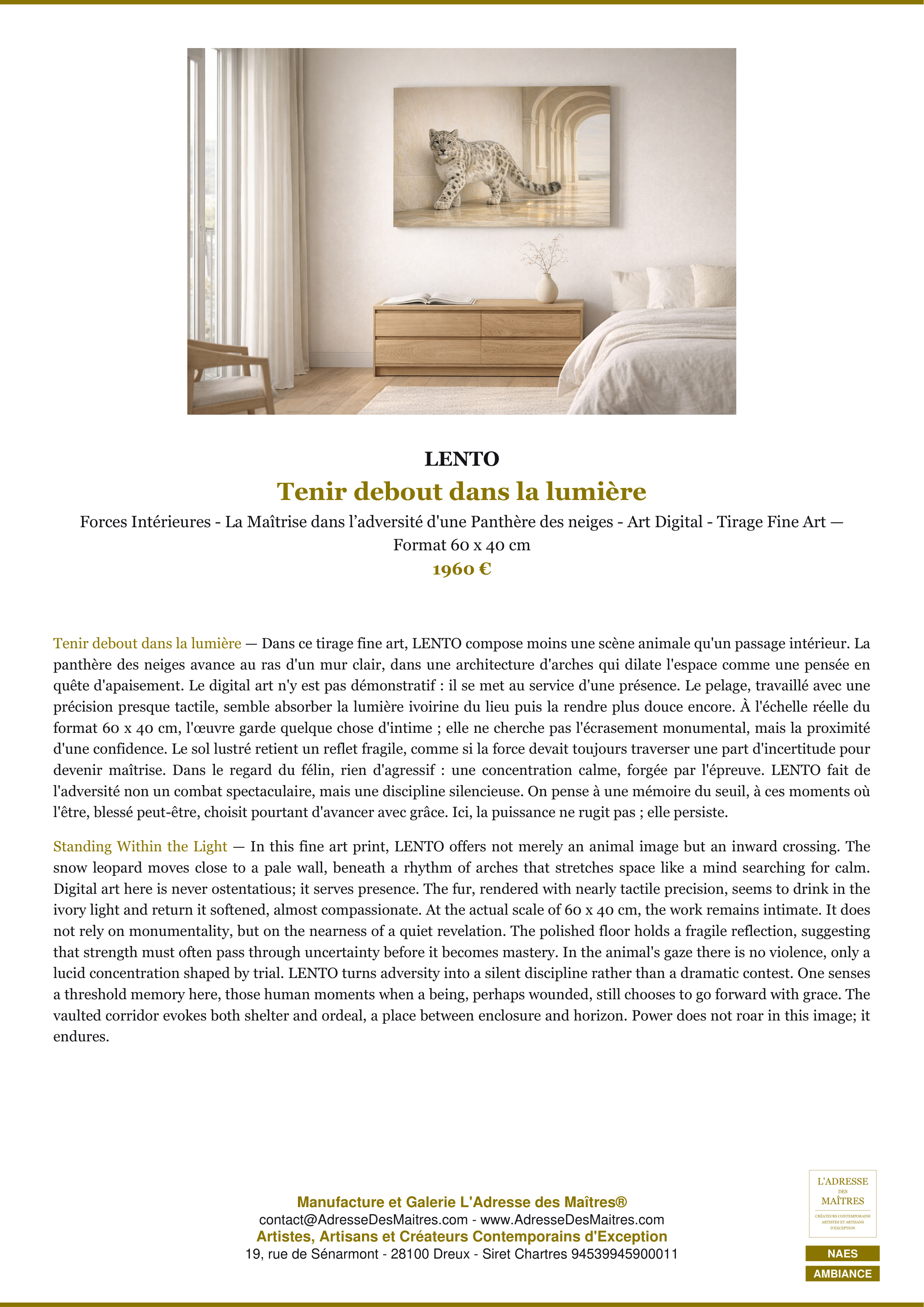 Fiche Premium Ambiance — Tenir debout dans la lumière — LENTO — L'Adresse des Maîtres®