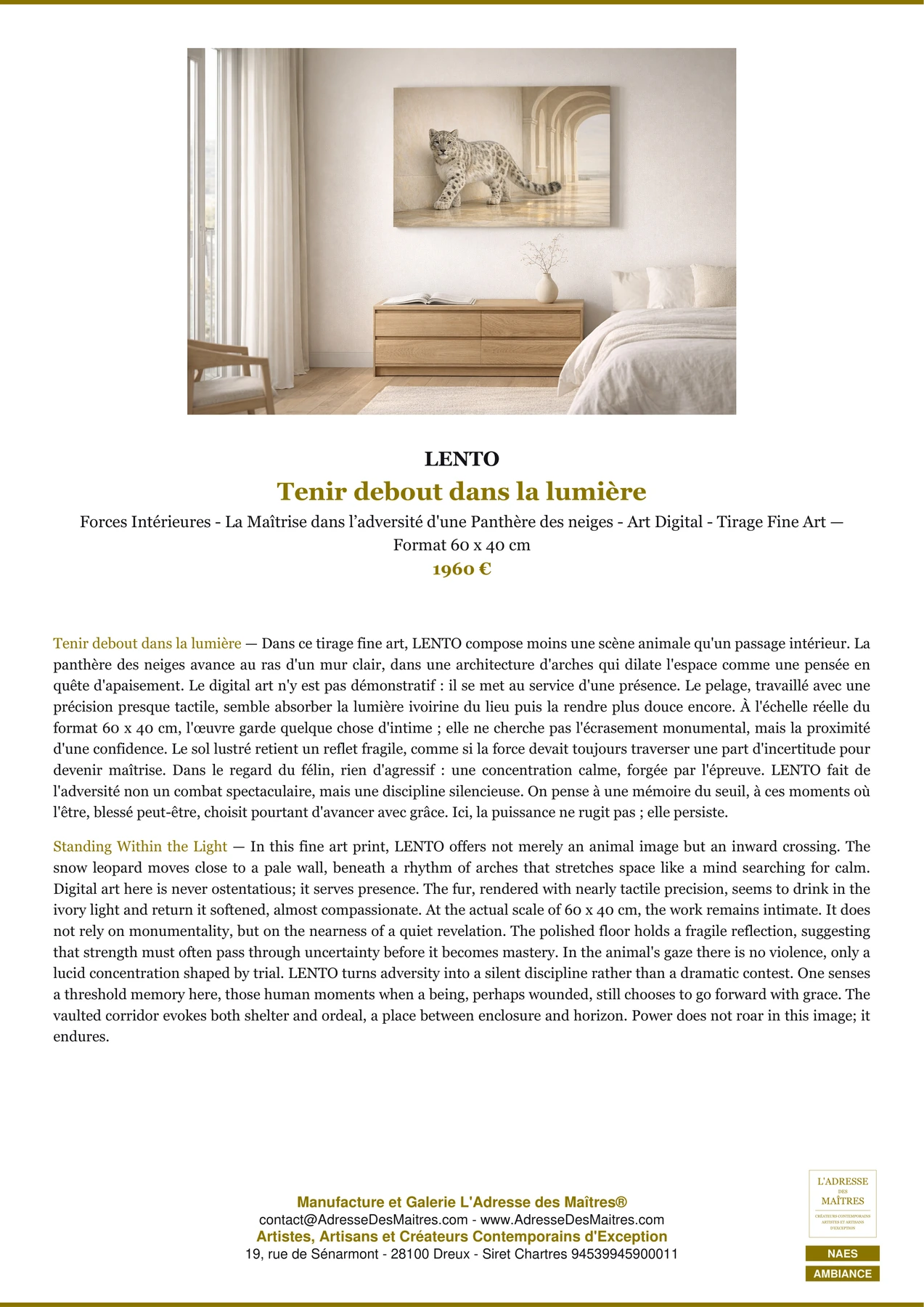 Fiche Premium Ambiance — Tenir debout dans la lumière — LENTO — L'Adresse des Maîtres®