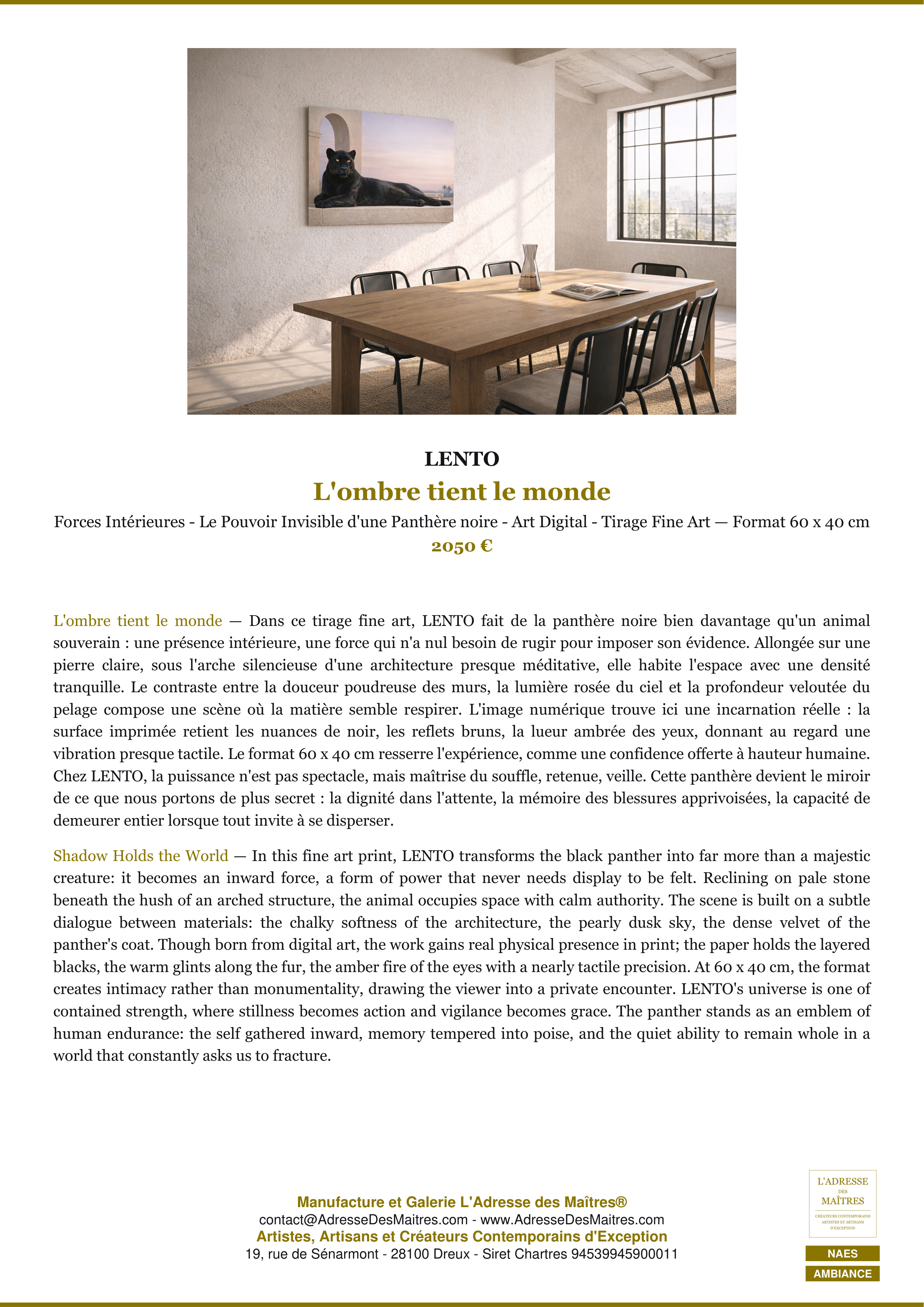 Fiche Premium Ambiance — L'ombre tient le monde — LENTO — L'Adresse des Maîtres®