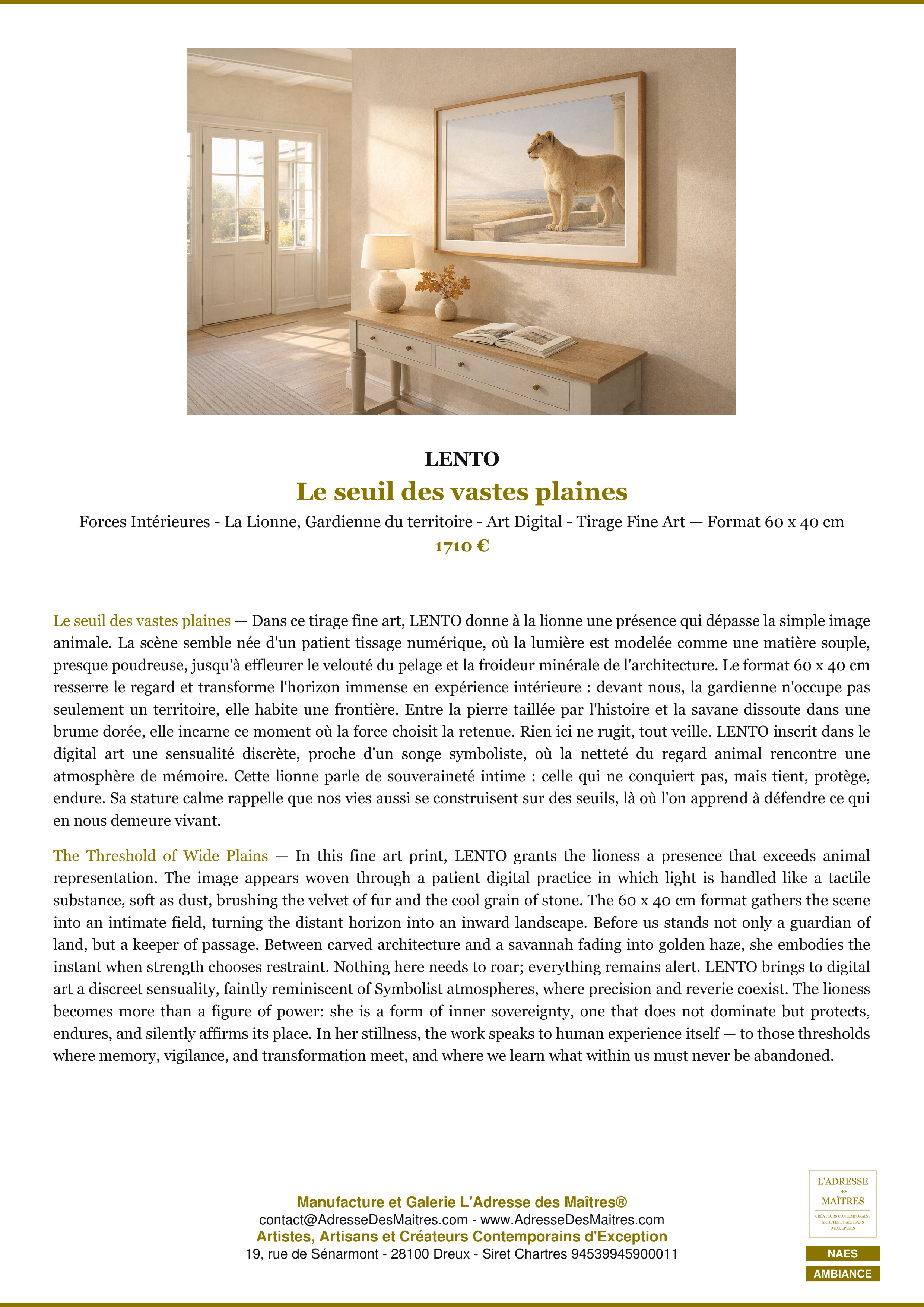 Fiche Premium Ambiance — Le seuil des vastes plaines — LENTO — L'Adresse des Maîtres®