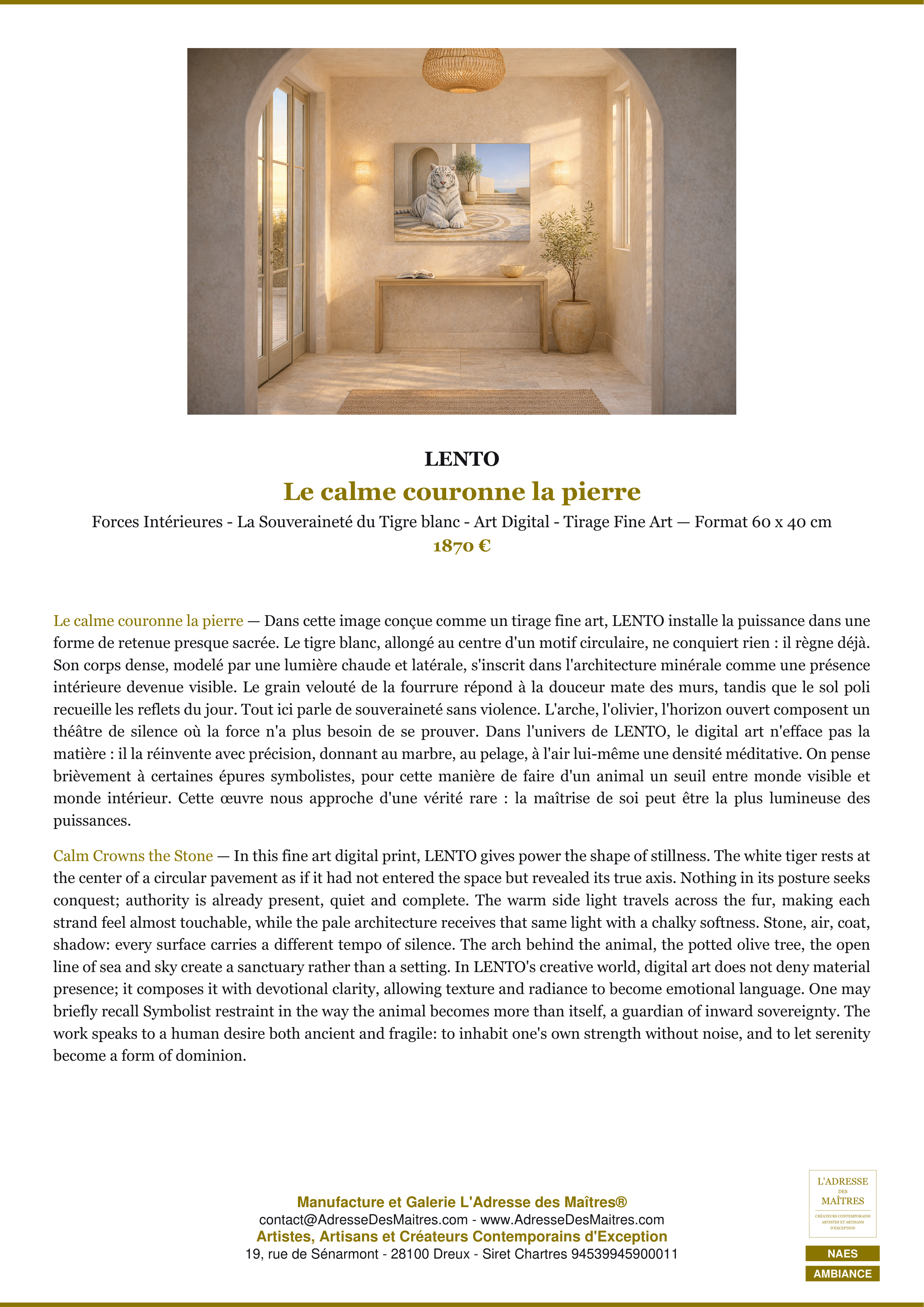 Fiche Premium Ambiance — Le calme couronne la pierre — LENTO — L'Adresse des Maîtres®