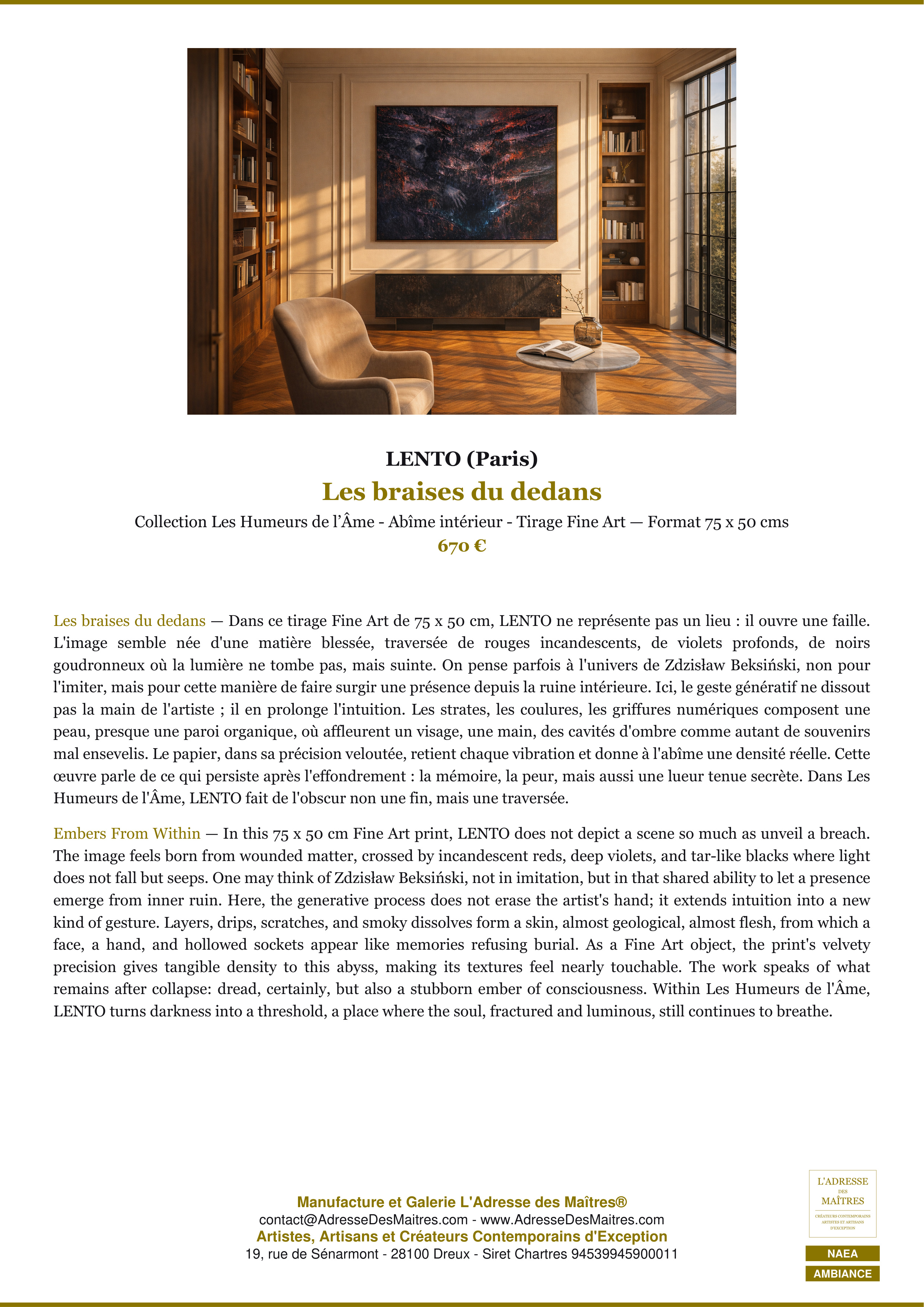 Fiche Premium Ambiance — Les braises du dedans — LENTO (Paris) — L'Adresse des Maîtres®