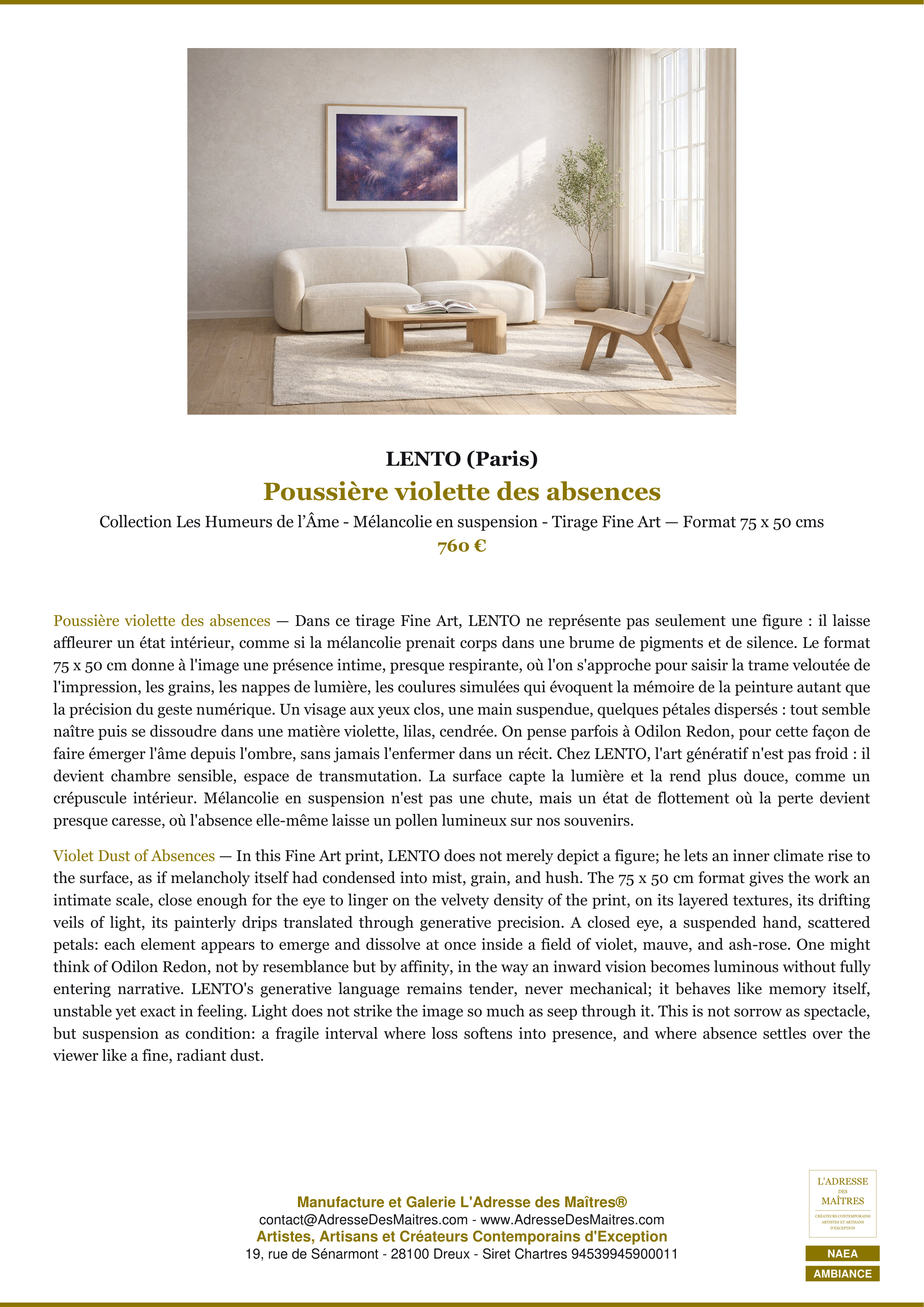 Fiche Premium Ambiance — Poussière violette des absences — LENTO (Paris) — L'Adresse des Maîtres®