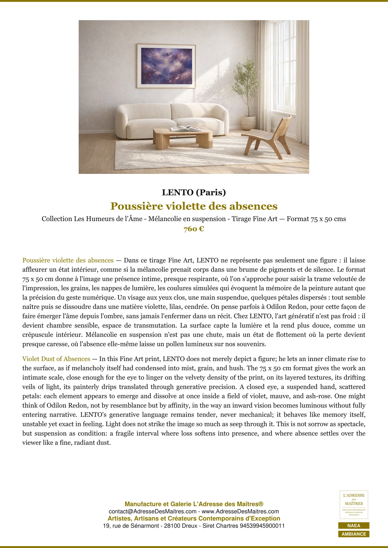 Fiche Premium Ambiance — Poussière violette des absences — LENTO (Paris) — L'Adresse des Maîtres®