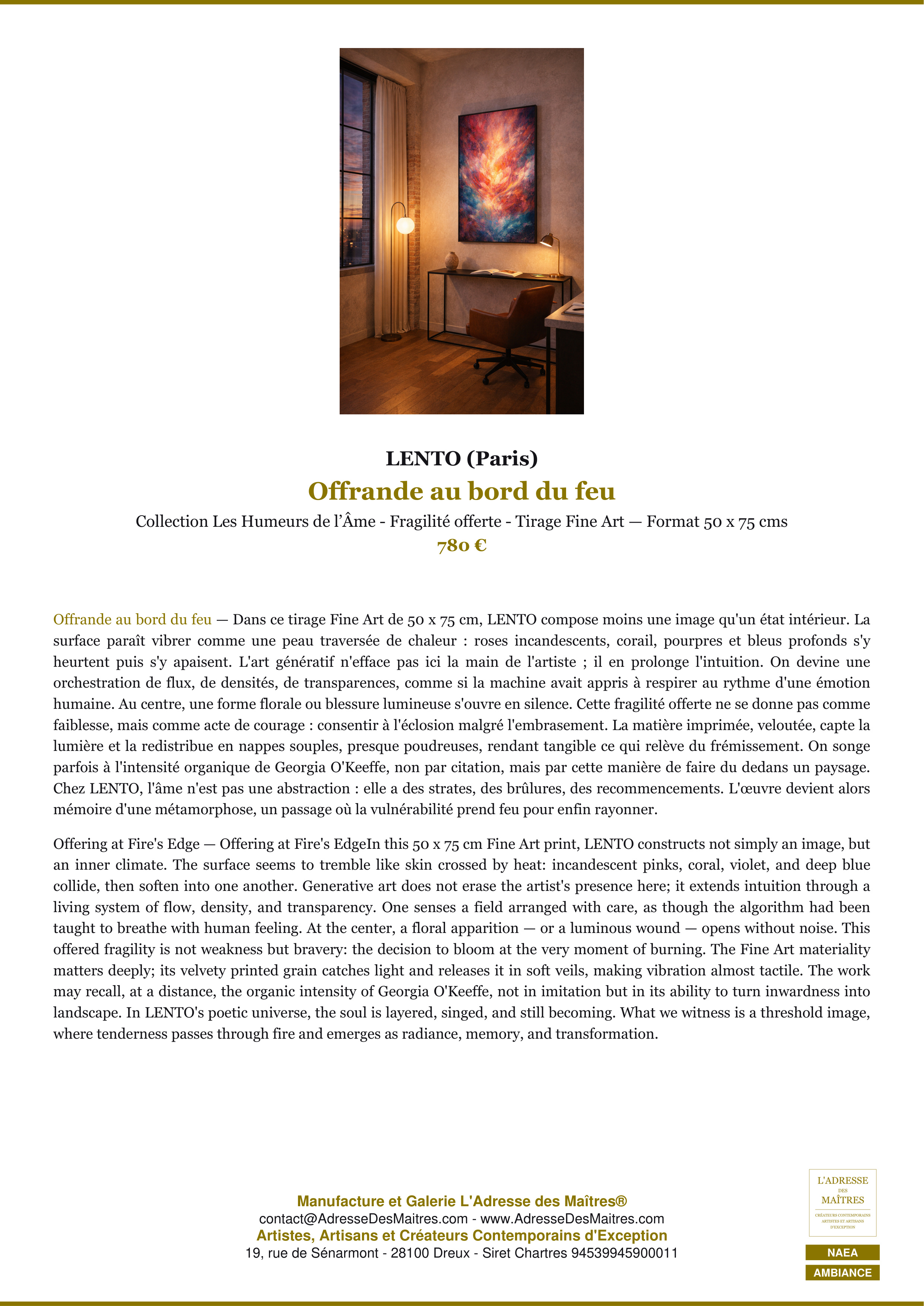 Fiche Premium Ambiance — Offrande au bord du feu — LENTO (Paris) — L'Adresse des Maîtres®