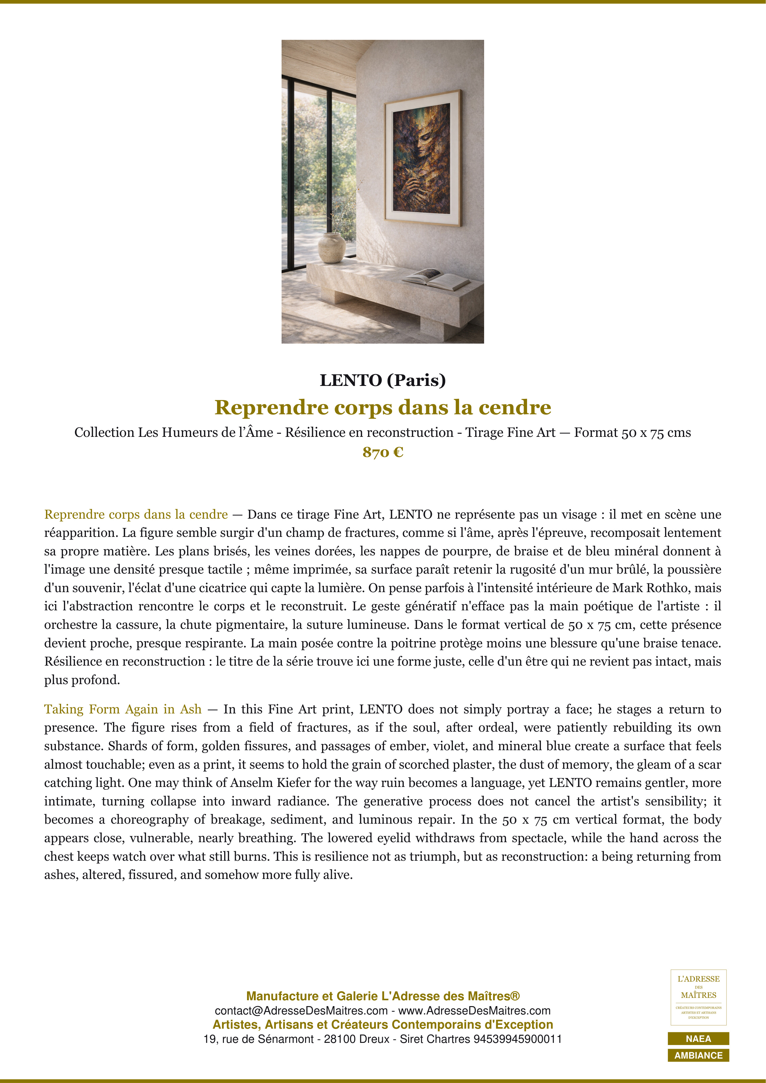 Fiche Premium Ambiance — Reprendre corps dans la cendre — LENTO (Paris) — L'Adresse des Maîtres®