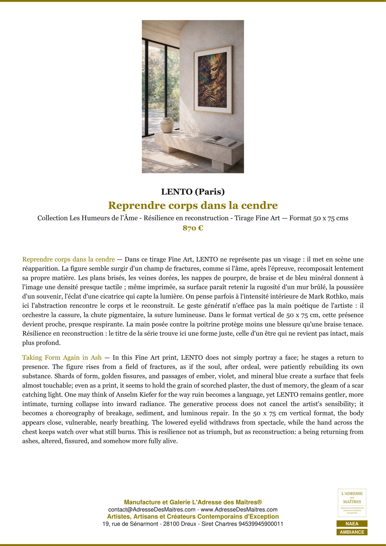 Fiche Premium Ambiance — Reprendre corps dans la cendre — LENTO (Paris) — L'Adresse des Maîtres®