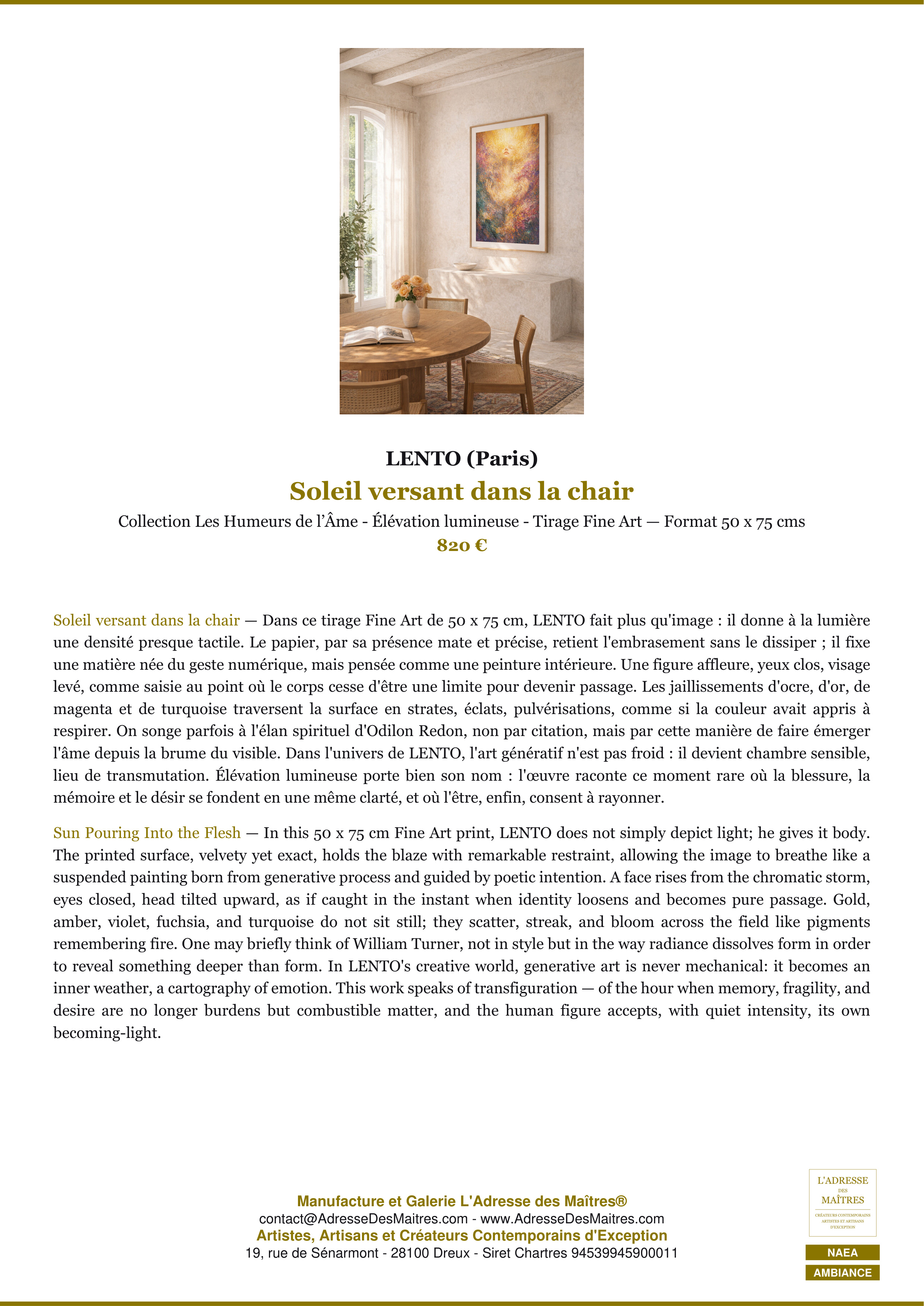 Fiche Premium Ambiance — Soleil versant dans la chair — LENTO (Paris) — L'Adresse des Maîtres®