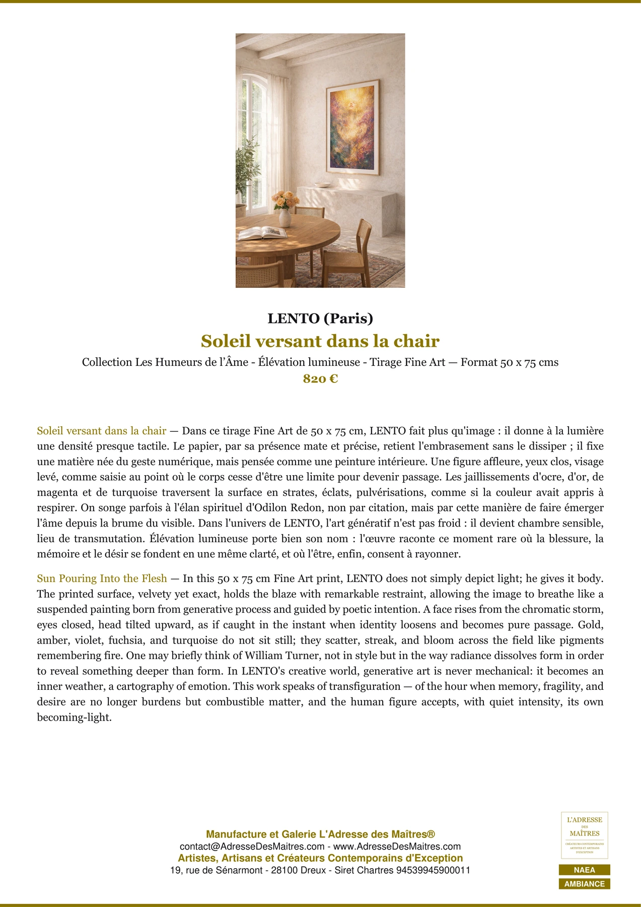 Fiche Premium Ambiance — Soleil versant dans la chair — LENTO (Paris) — L'Adresse des Maîtres®