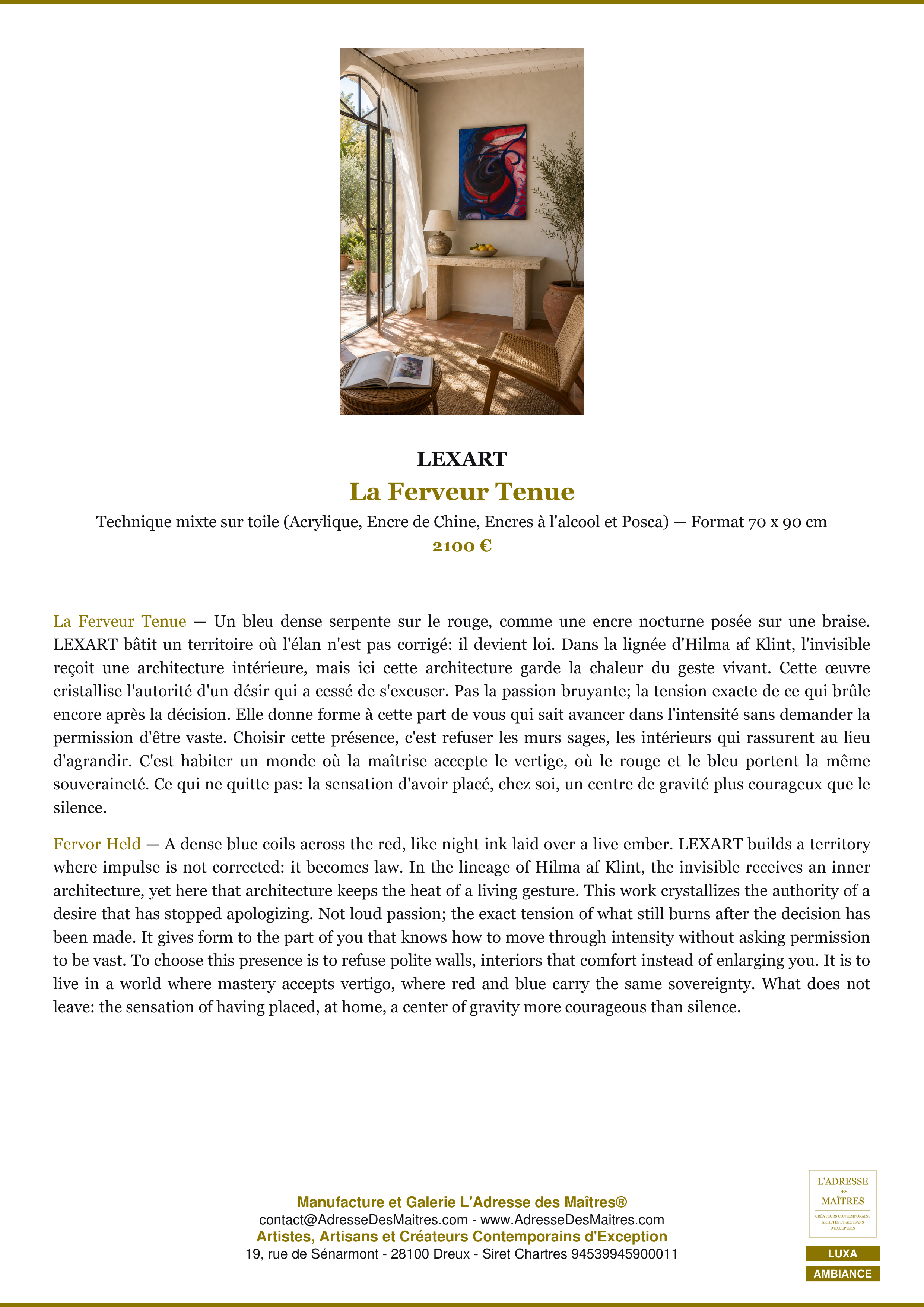 Fiche Premium Ambiance — La Ferveur Tenue — LEXART — L'Adresse des Maîtres®