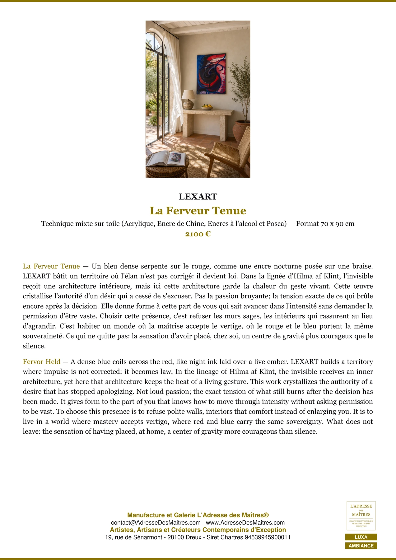 Fiche Premium Ambiance - La Ferveur Tenue - LEXART - L'Adresse des Maîtres®
