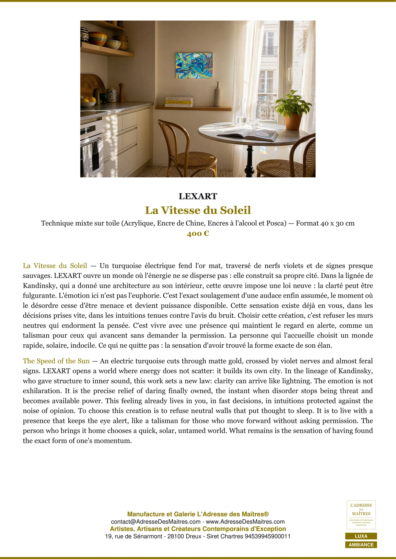 Fiche Premium Ambiance - La Vitesse du Soleil - LEXART - L'Adresse des Maîtres®