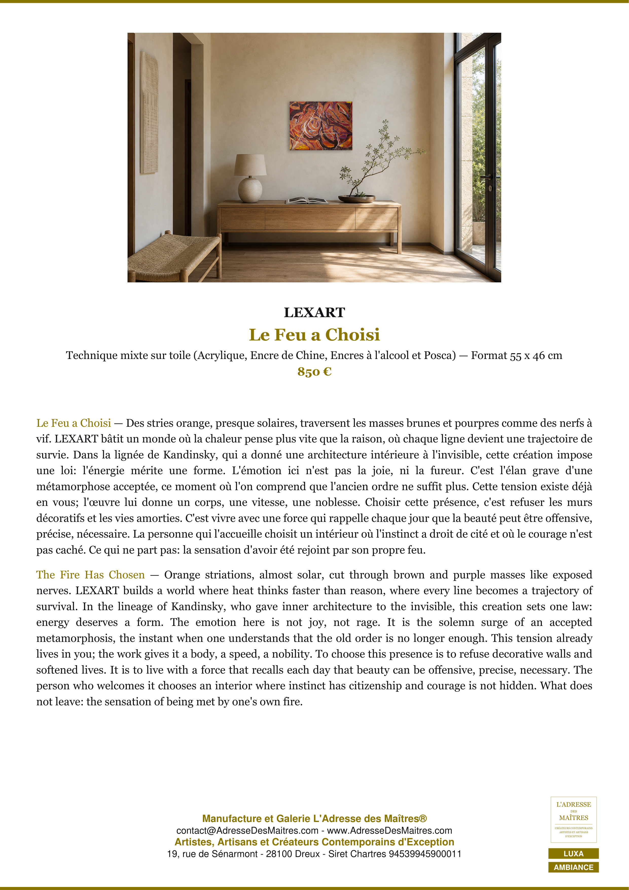 Fiche Premium Ambiance — Le Feu a Choisi — LEXART — L'Adresse des Maîtres®