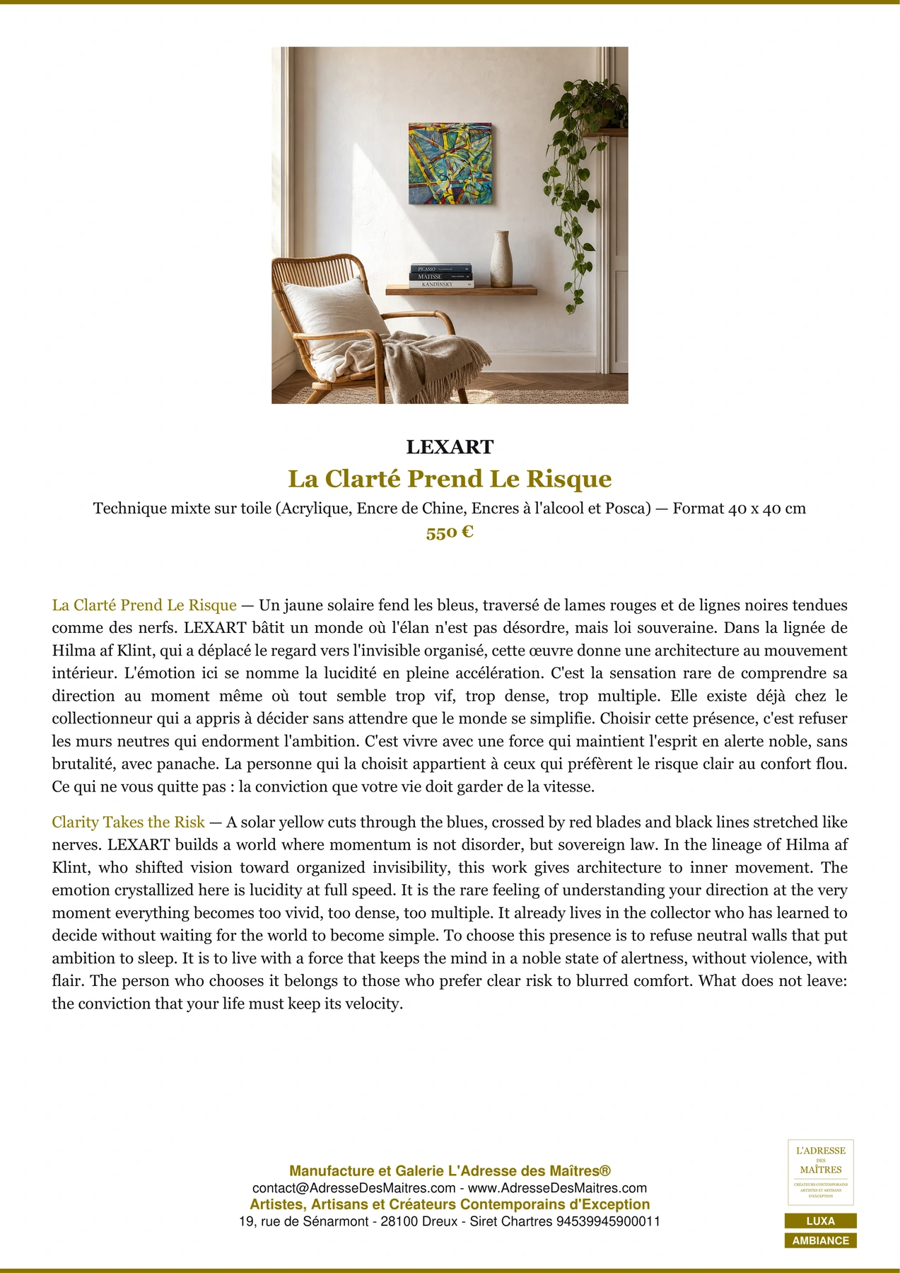 Fiche Premium Ambiance - La Clarté Prend Le Risque - LEXART - L'Adresse des Maîtres®