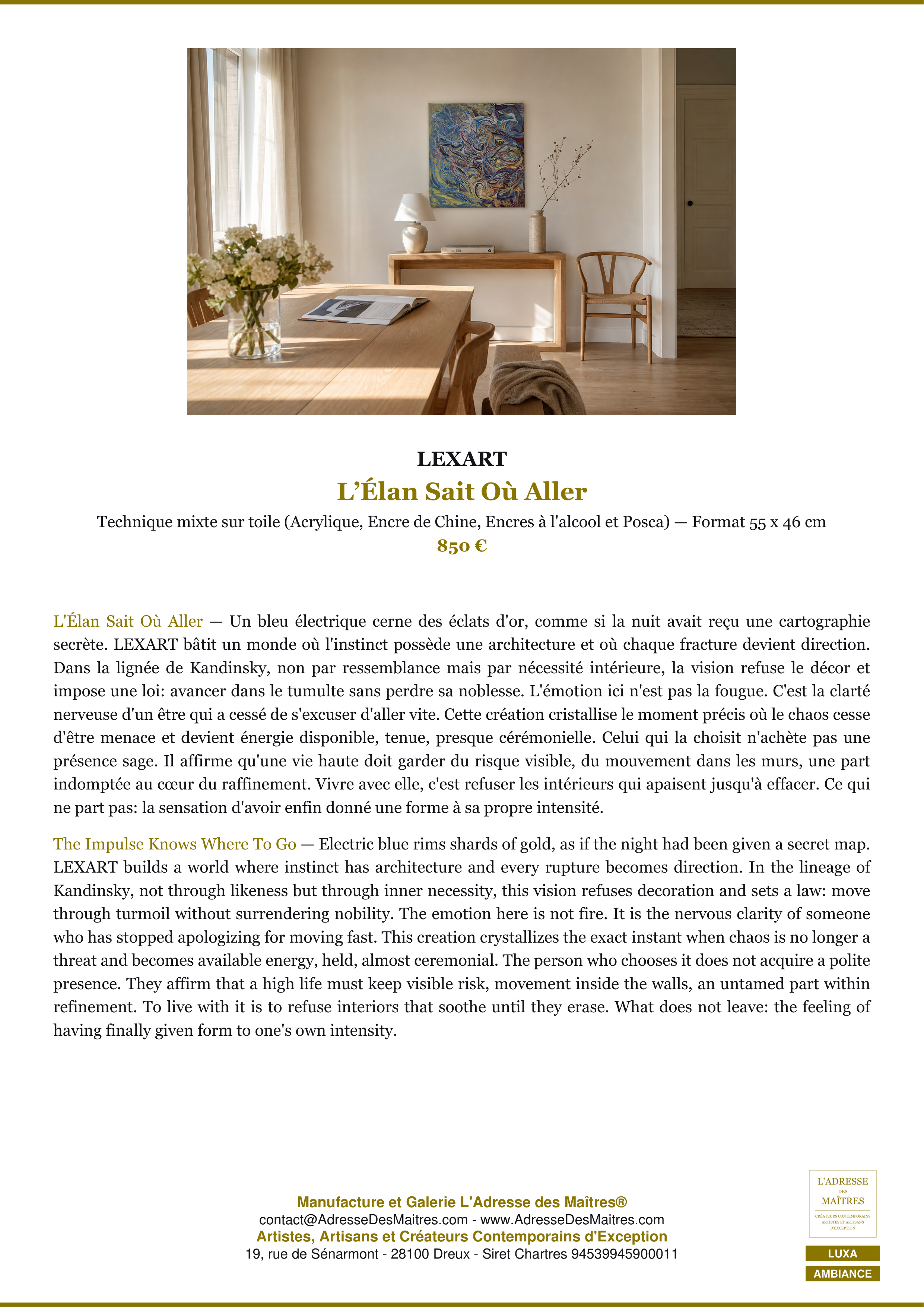 Fiche Premium Ambiance — L’Élan Sait Où Aller — LEXART — L'Adresse des Maîtres®