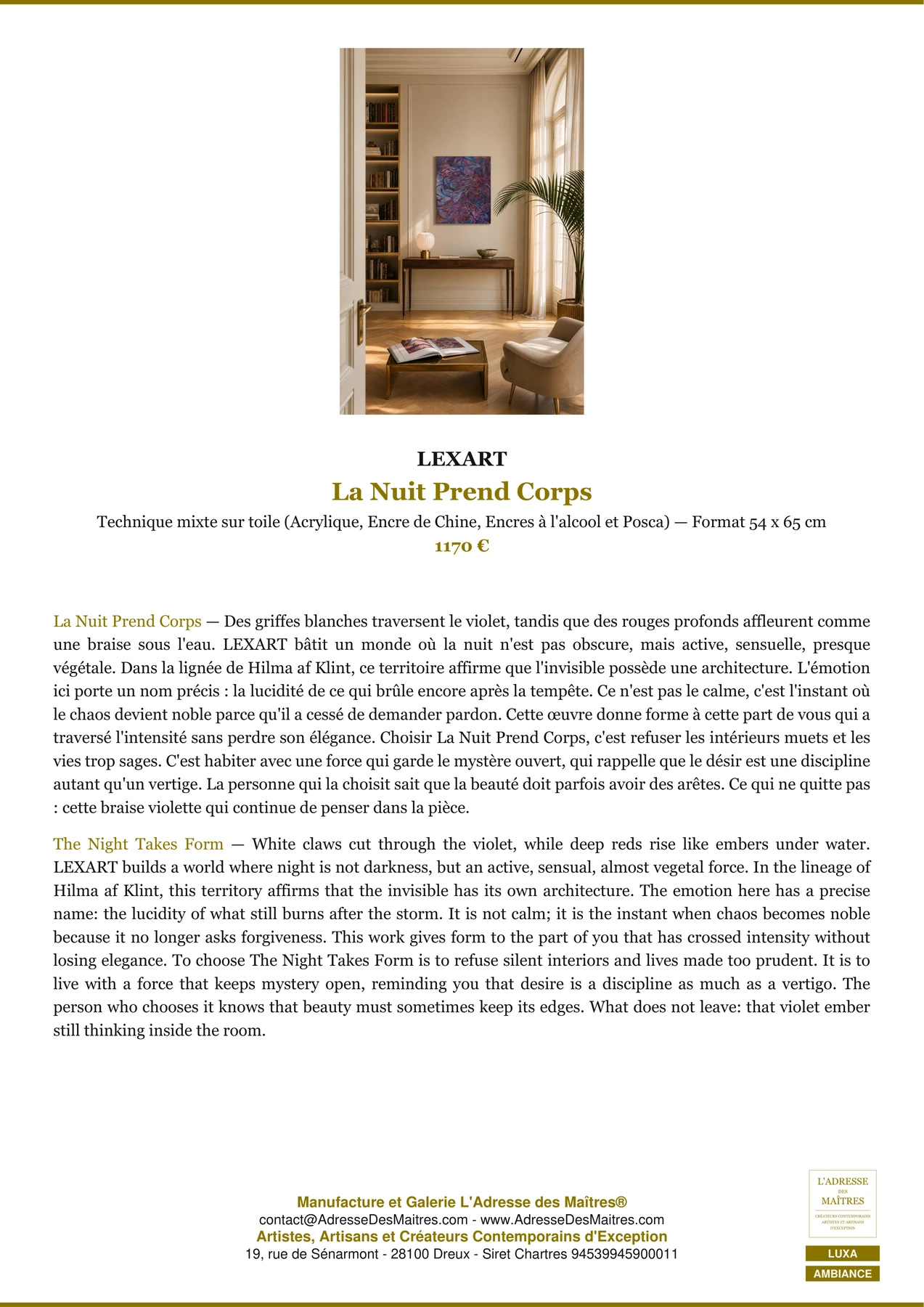 Fiche Premium Ambiance - La Nuit Prend Corps - LEXART - L'Adresse des Maîtres®
