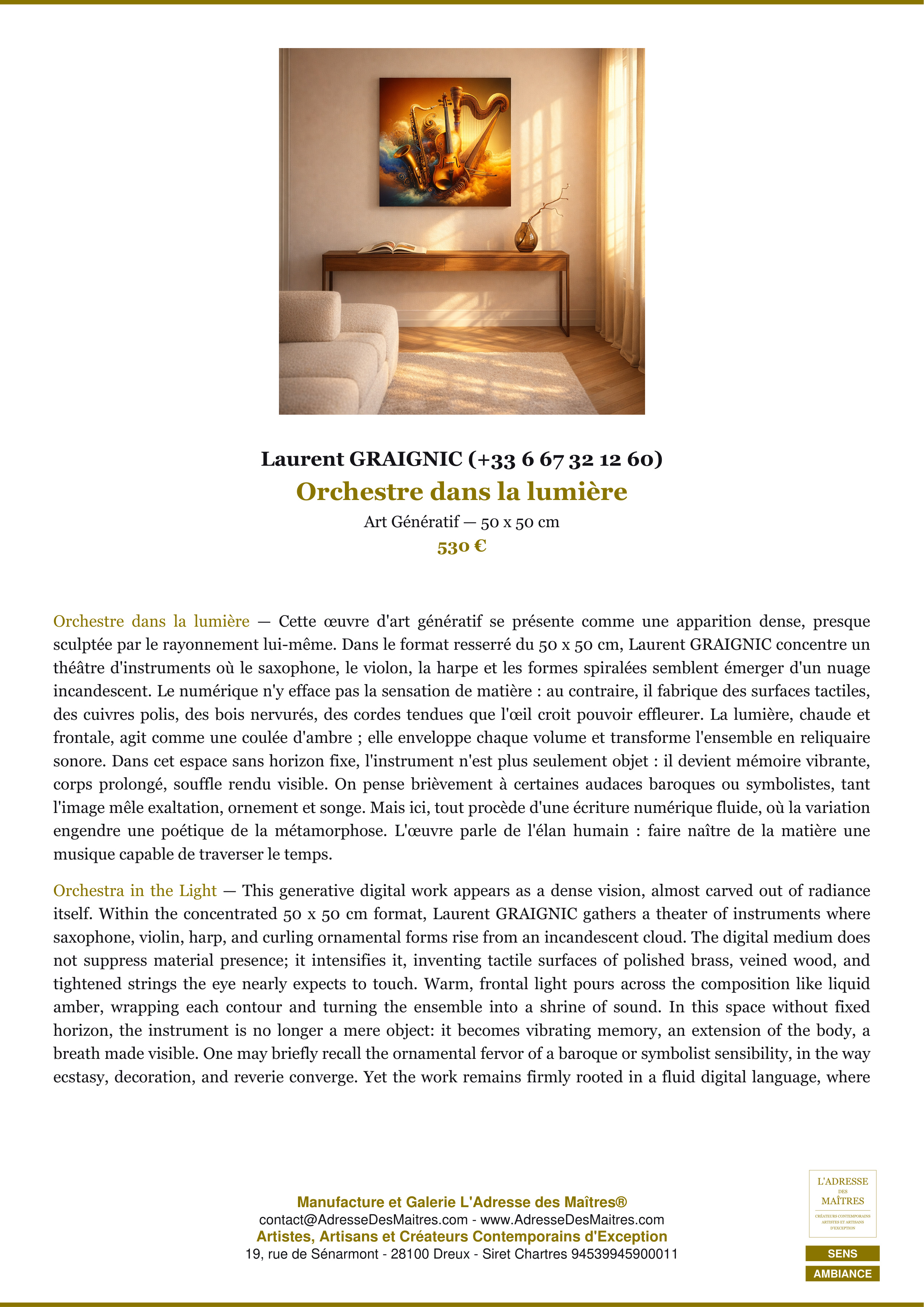 Ficha Premium Ambiance — Orquesta bajo la luz — Laurent GRAIGNIC (+33 6 67 32 12 60) — L'Adresse des Maîtres®