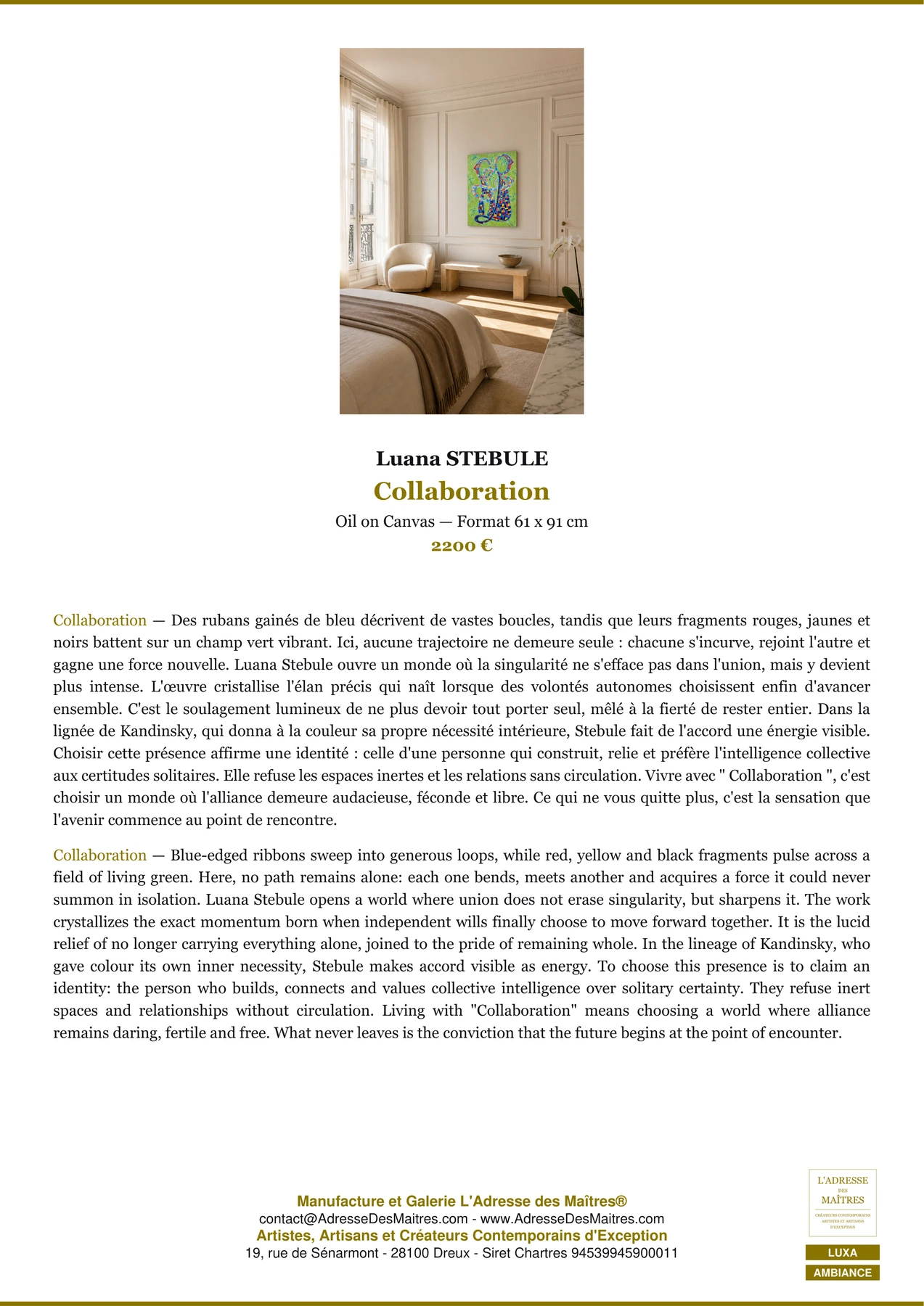 Fiche Premium Ambiance - Collaboration - Luana STEBULE - L'Adresse des Maîtres®