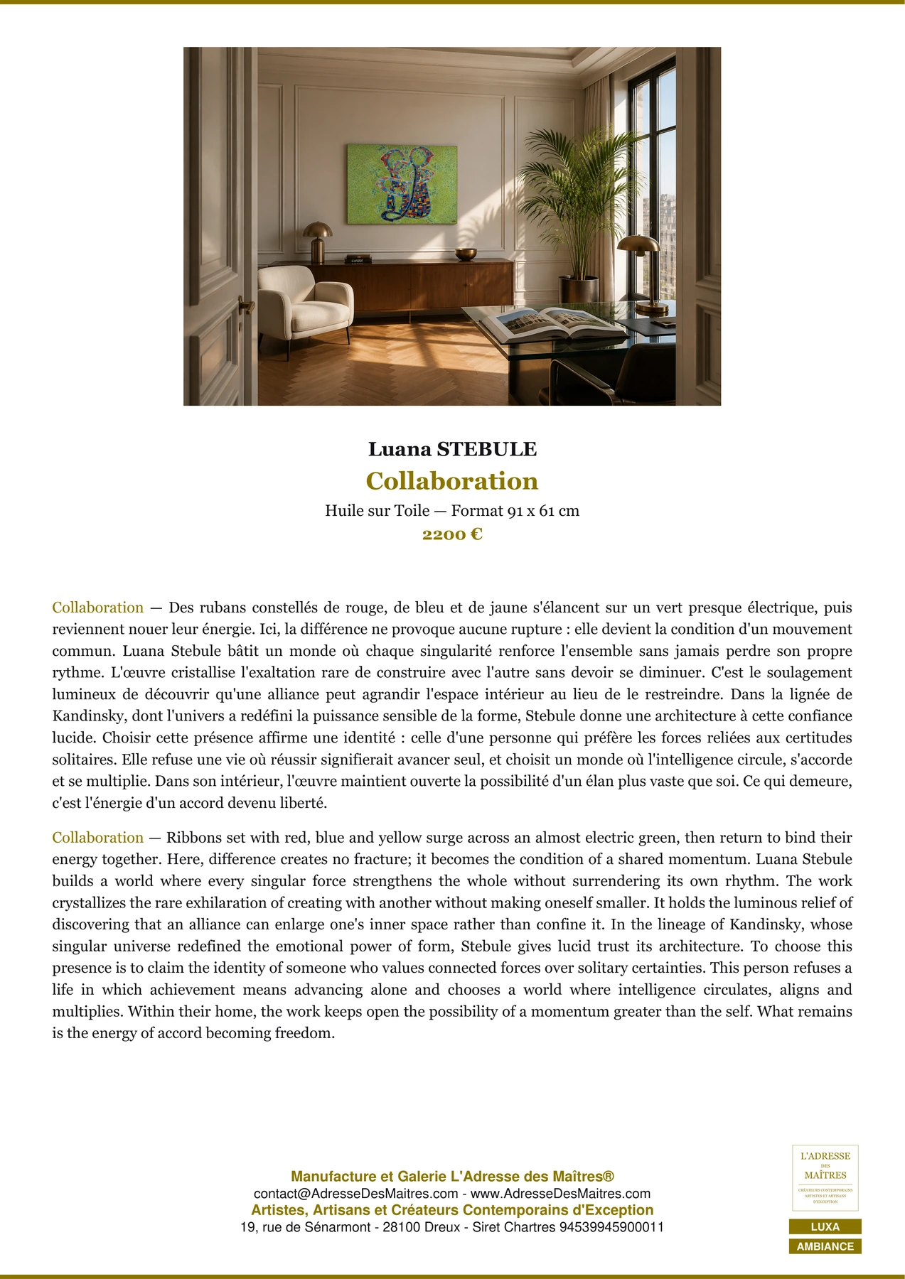 Fiche Premium Ambiance - Collaboration - Luana STEBULE - L'Adresse des Maîtres®