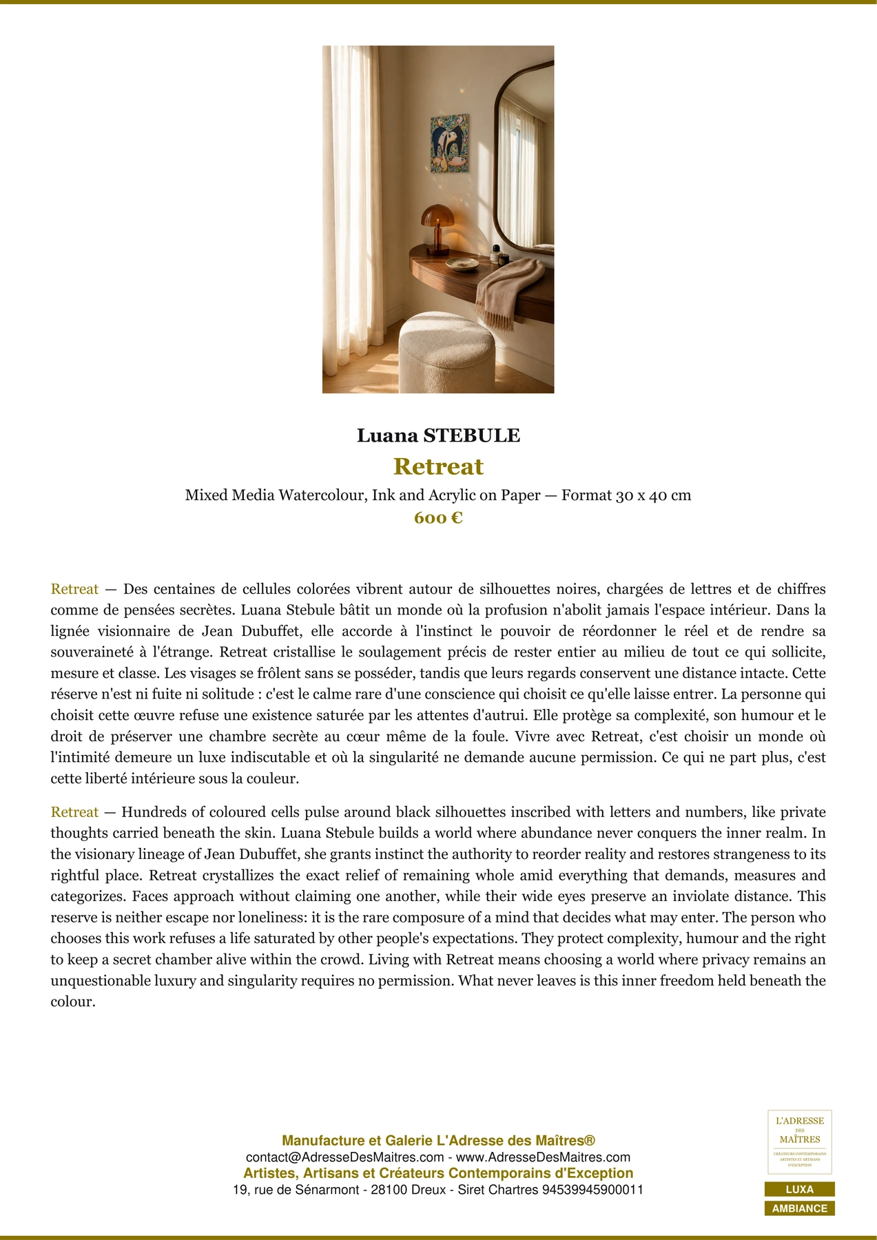Fiche Premium Ambiance - Retreat - Luana STEBULE - L'Adresse des Maîtres®