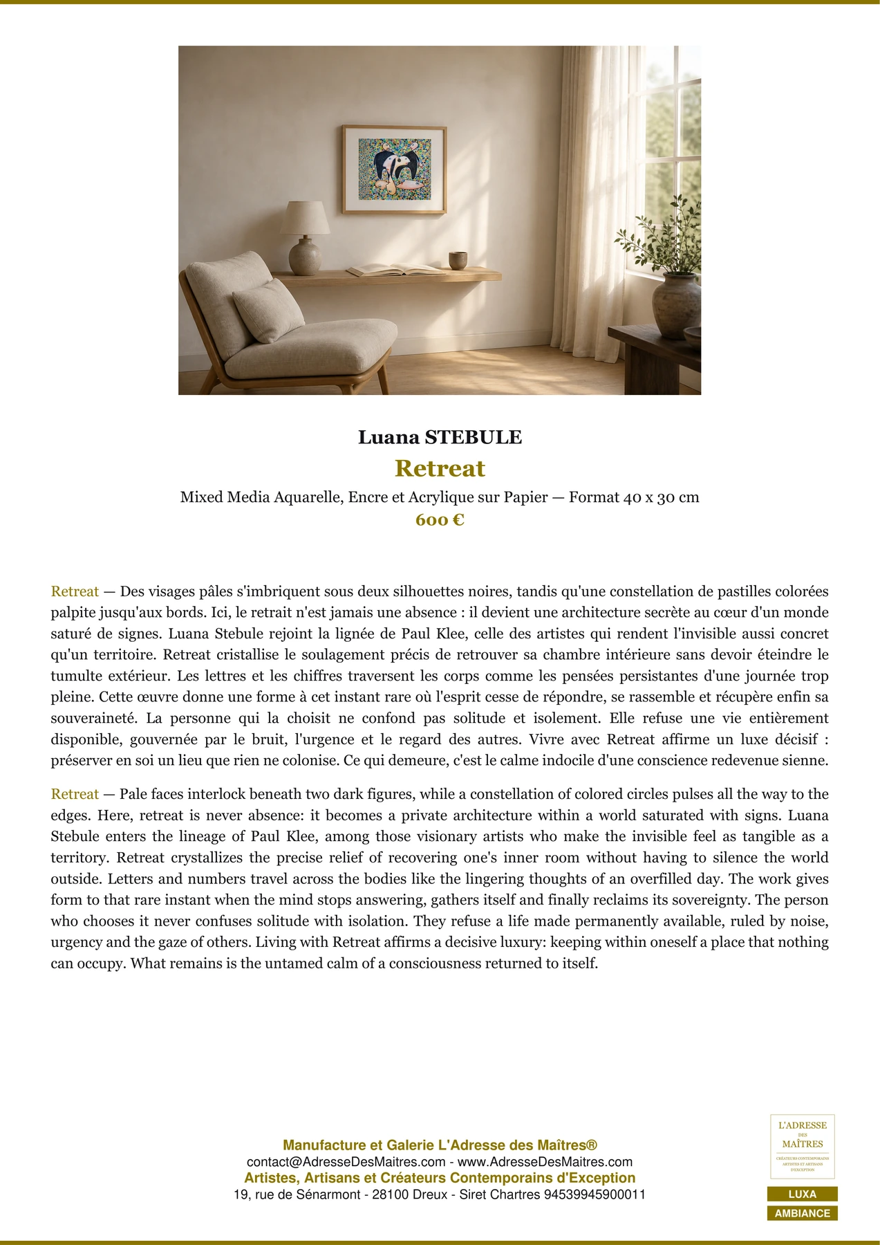 Fiche Premium Ambiance - Retreat - Luana STEBULE - L'Adresse des Maîtres®