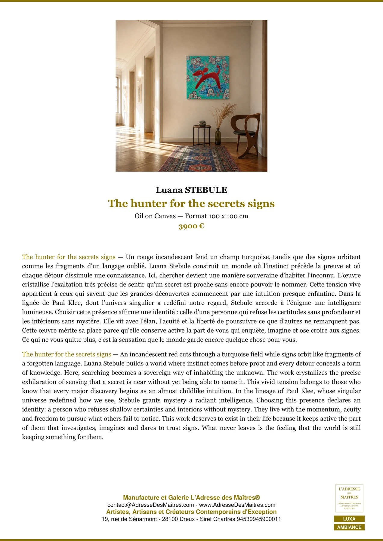 Fiche Premium Ambiance - The hunter for the secrets signs - Luana STEBULE - L'Adresse des Maîtres®