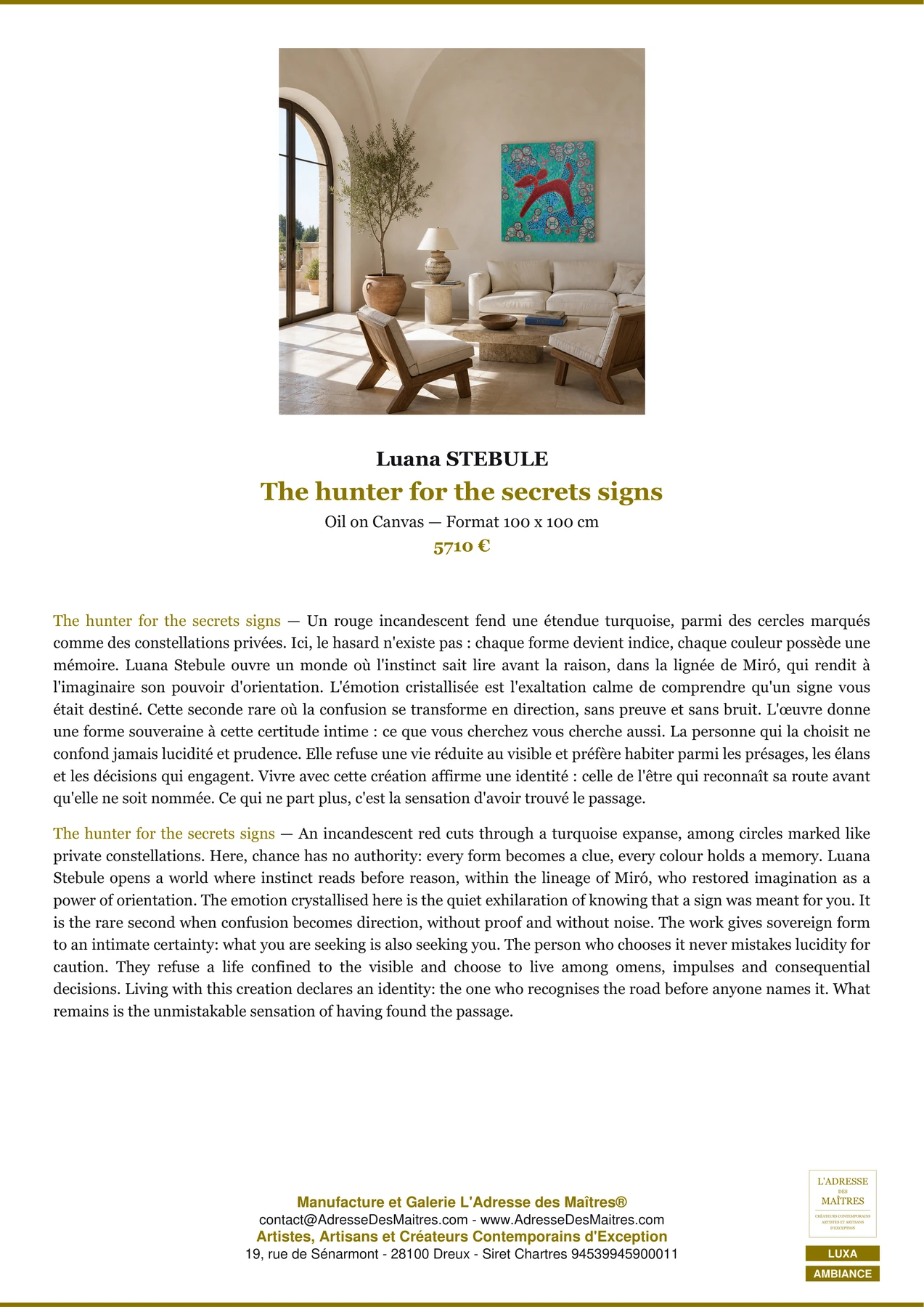 Fiche Premium Ambiance - The hunter for the secrets signs - Luana STEBULE - L'Adresse des Maîtres®
