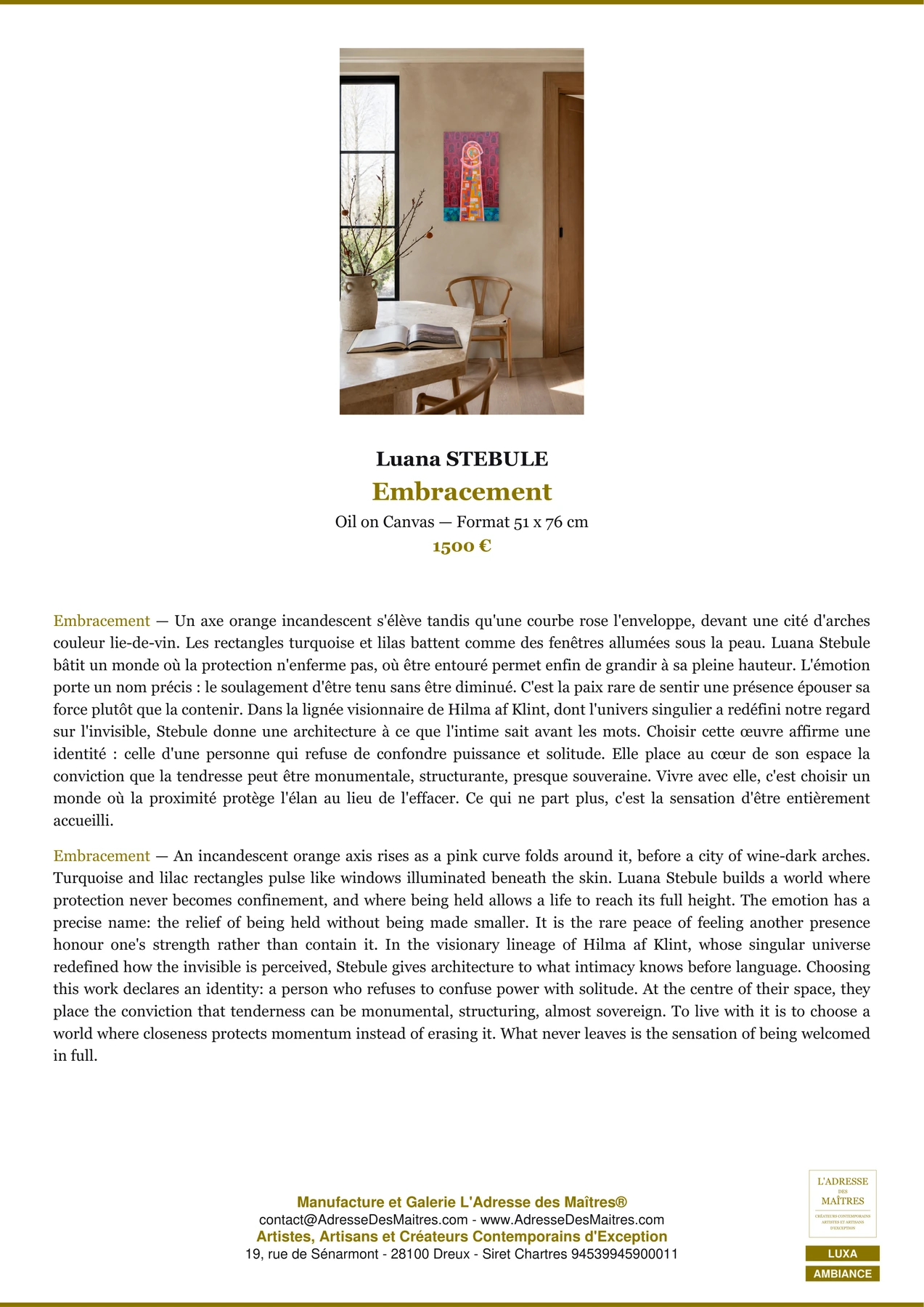 Fiche Premium Ambiance - Embracement - Luana STEBULE - L'Adresse des Maîtres®